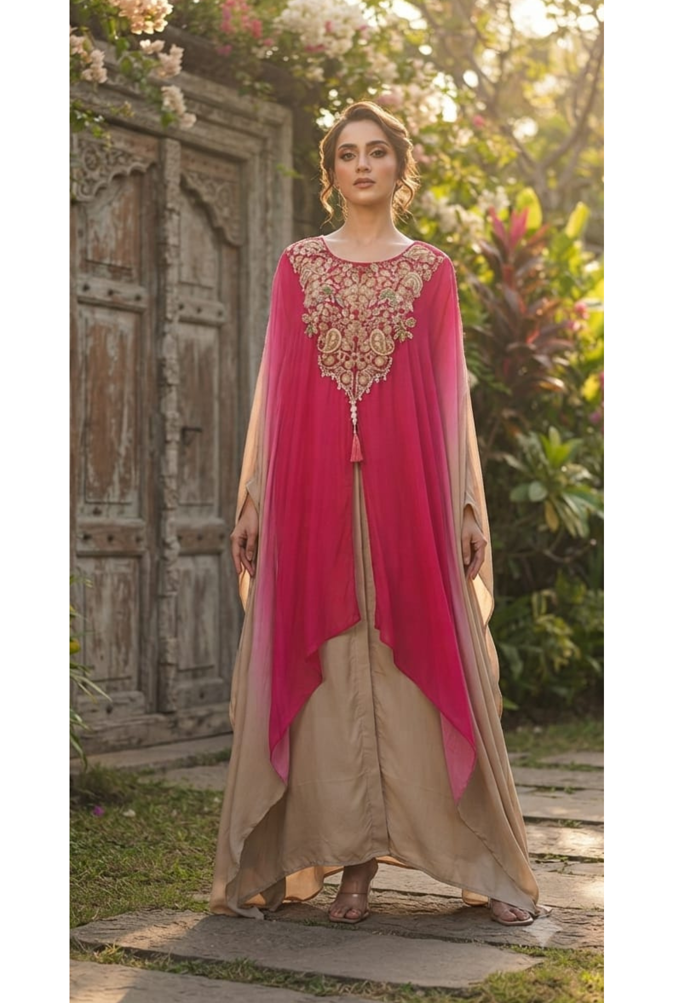 Grand Embroidered Multiple Stunning Ombre Kaftan Style Cape Kurta and Palazzo Fusion Modal Satin Indo Wear- 14953