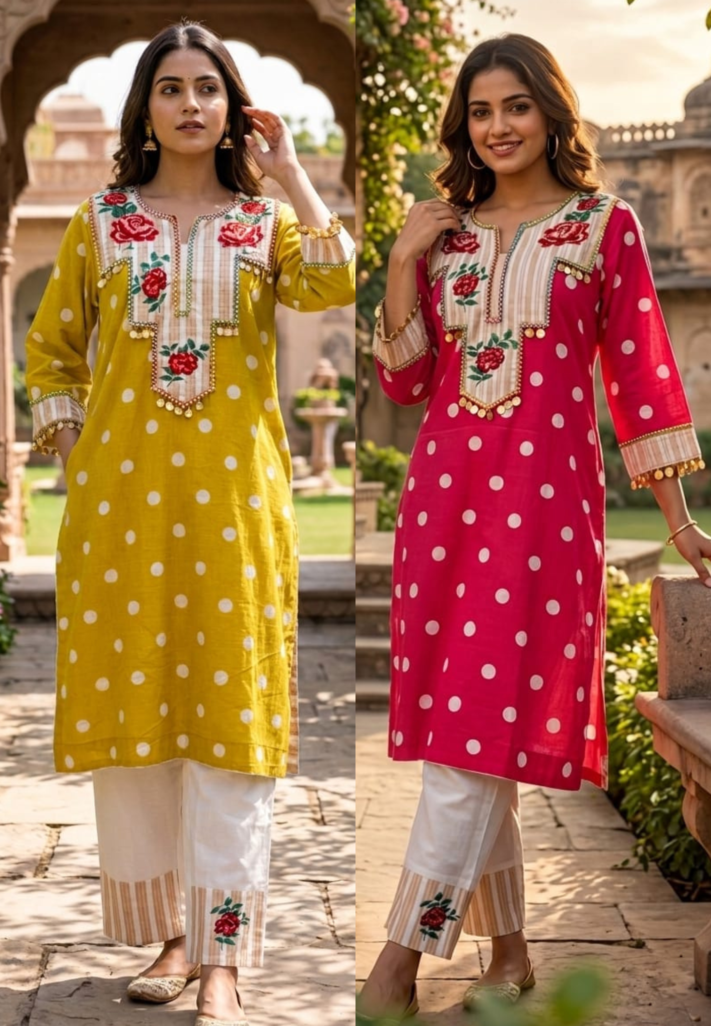 Boho Chic Vibrant Polka Dot Cotton Kurta Pant Set with Floral Patchwork- 14878