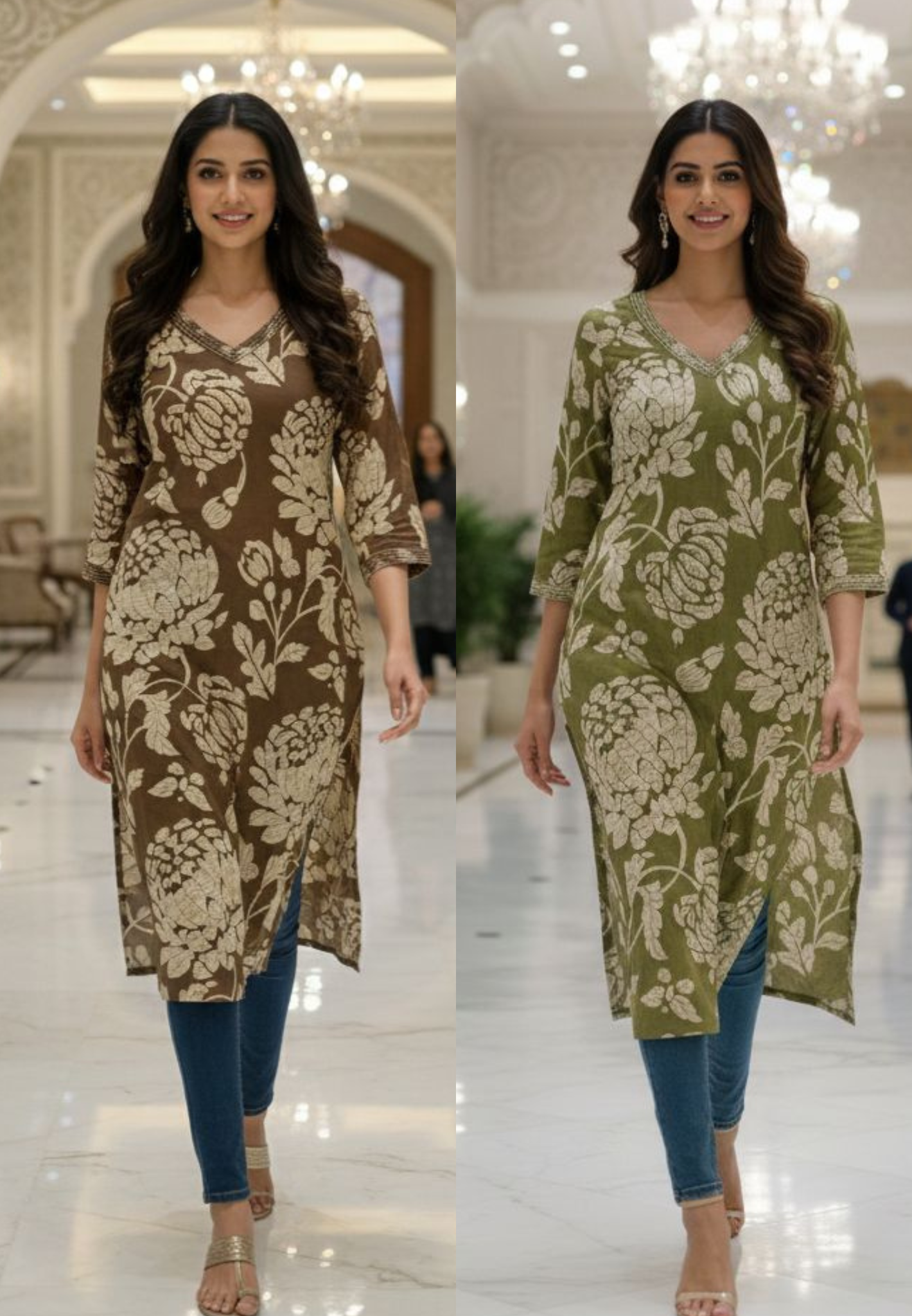 Petaled Leafy Floral Thread Neck Line Cotton Kurti Only