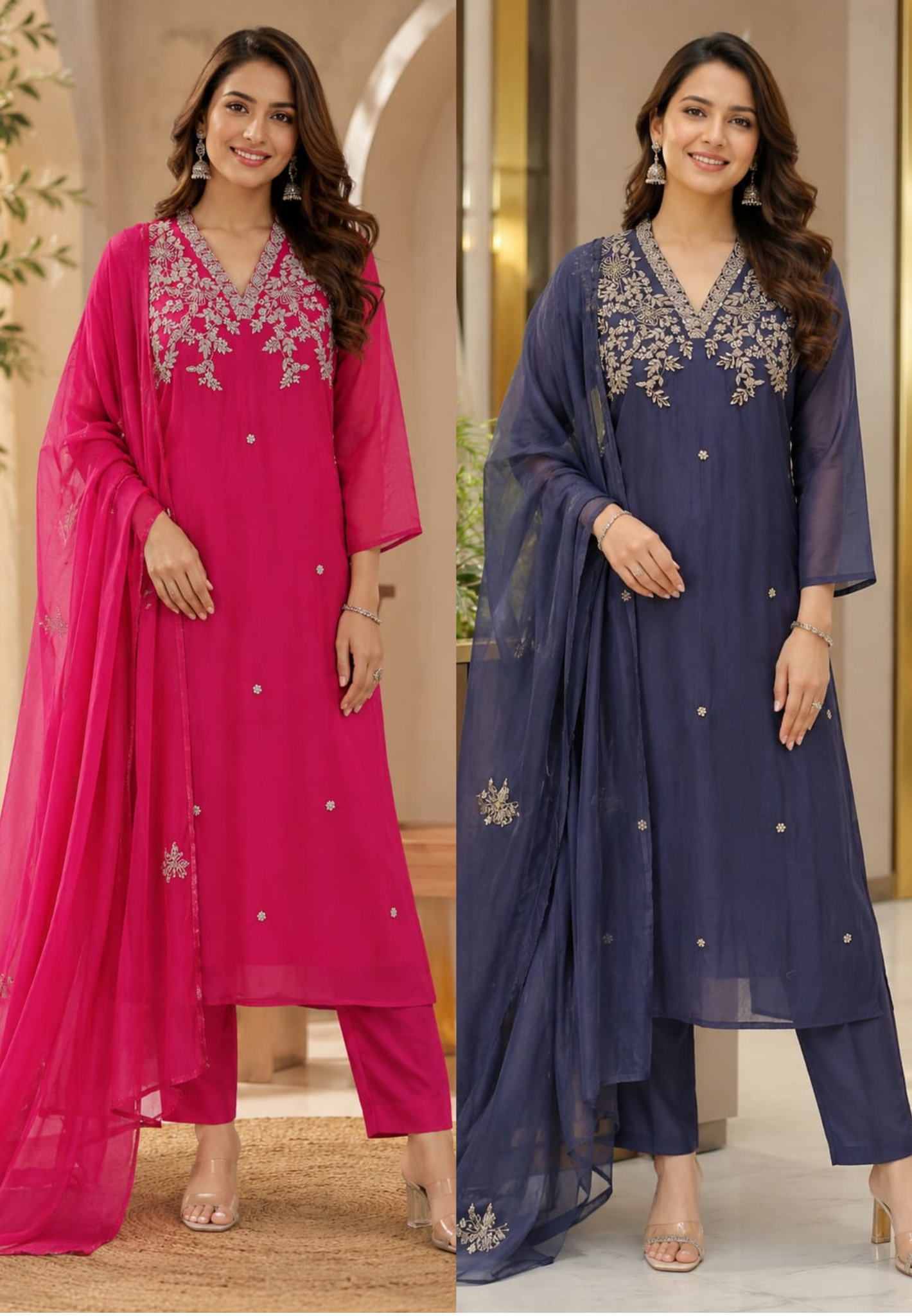 Magenta Mul Chanderi Festive Full Suit Set with Heavy Silver Zardozi Embroidery & Dupatta- 12770