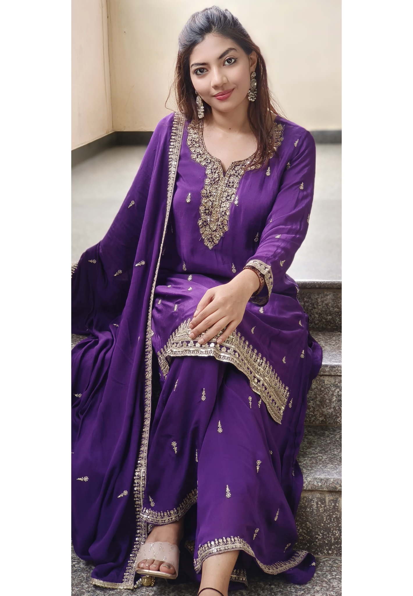 Handwork Beautiful Neck Chinon Full Suit Set With Loose Palazzo Bottom & Dupatta- 10186