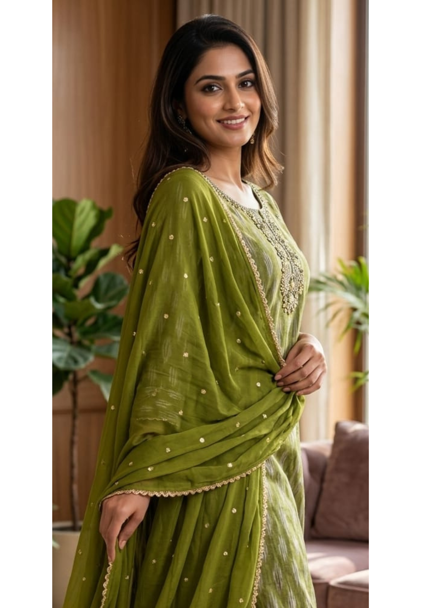 Moss Green Textured Ikat Pattern Full Suit Set with Zardosi Embroidered Neck