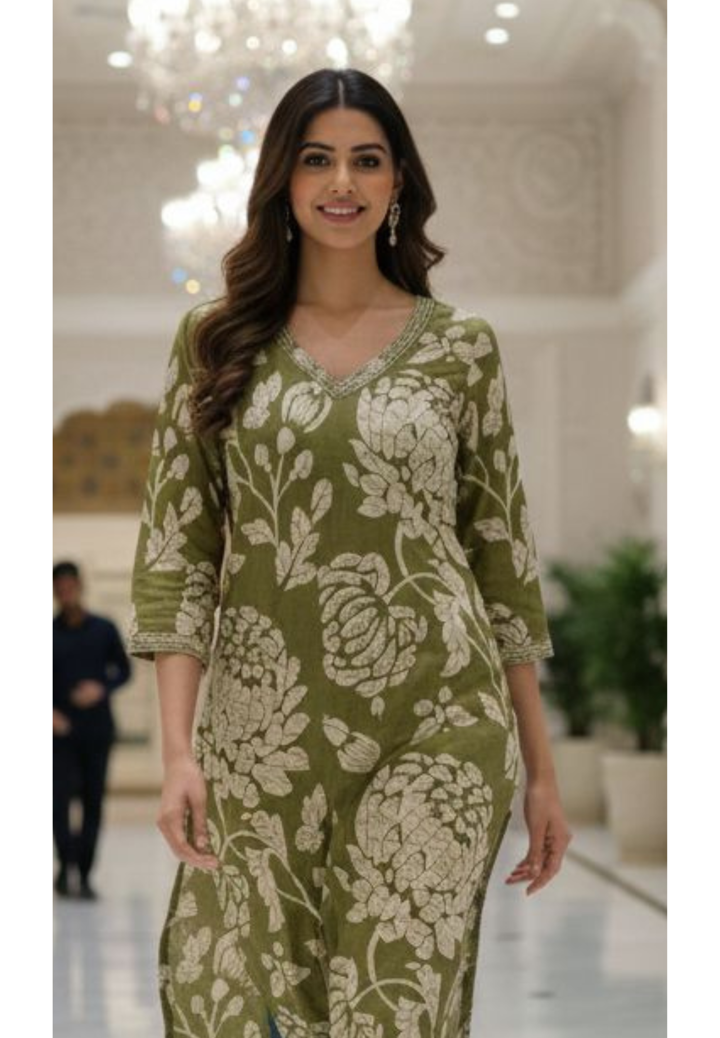 Petaled Leafy Floral Thread Neck Line Cotton Kurti Only