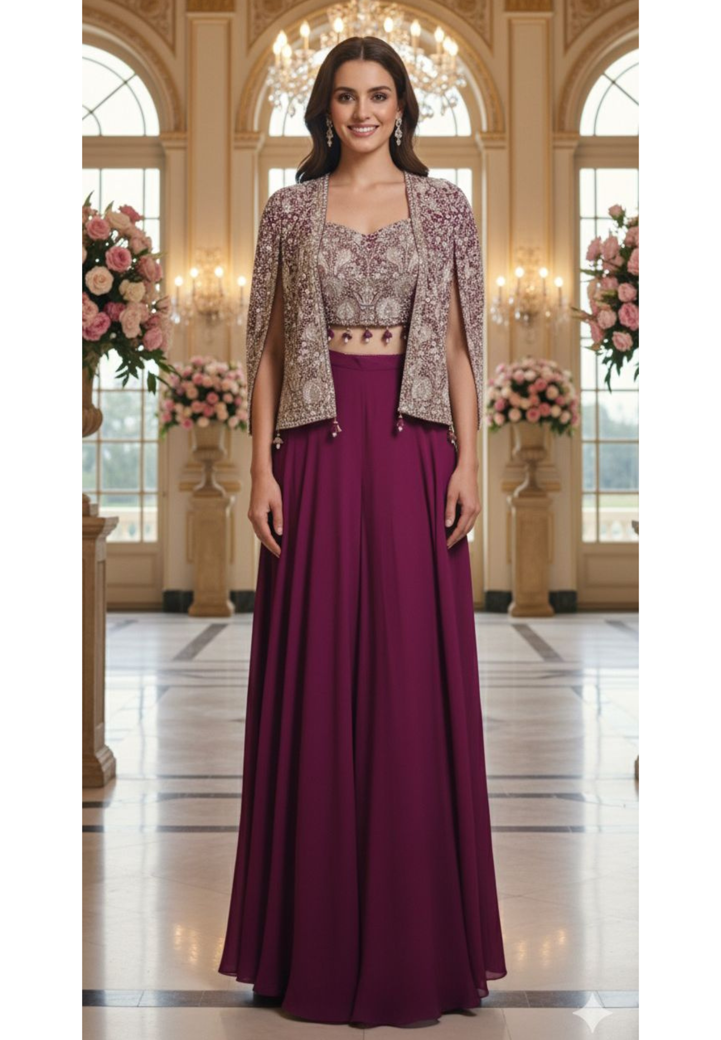 Hand Embroidered Open Jacket Crop Top With Loose Palazzo Bottom