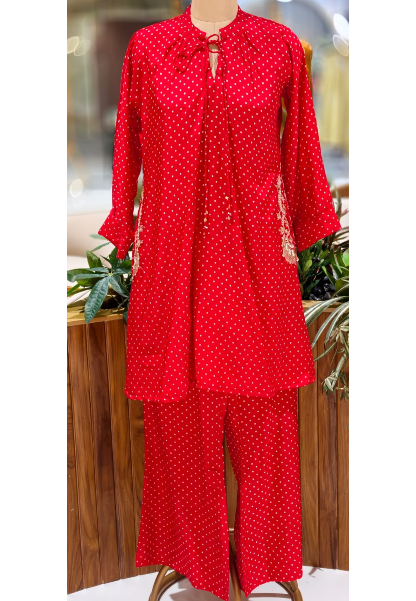 Ruby Dot Chic A-Line Kurta With Matching Bottom & Pockets In Muslin Fabric- 12994