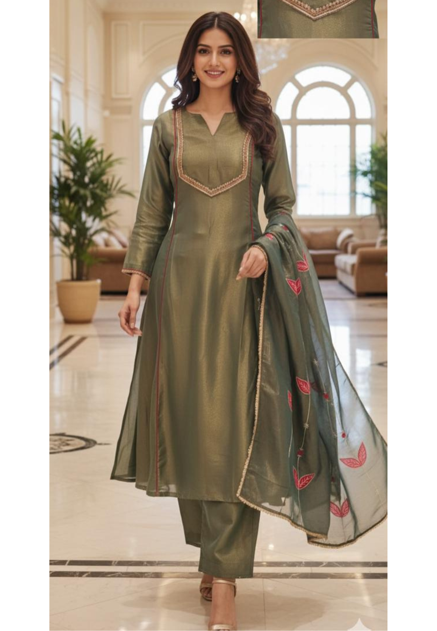 Very Minimal Suttle Work A-Line Full Suit Set With Golden Bordered Floral Dupatta In Tissue Fabric- 12549