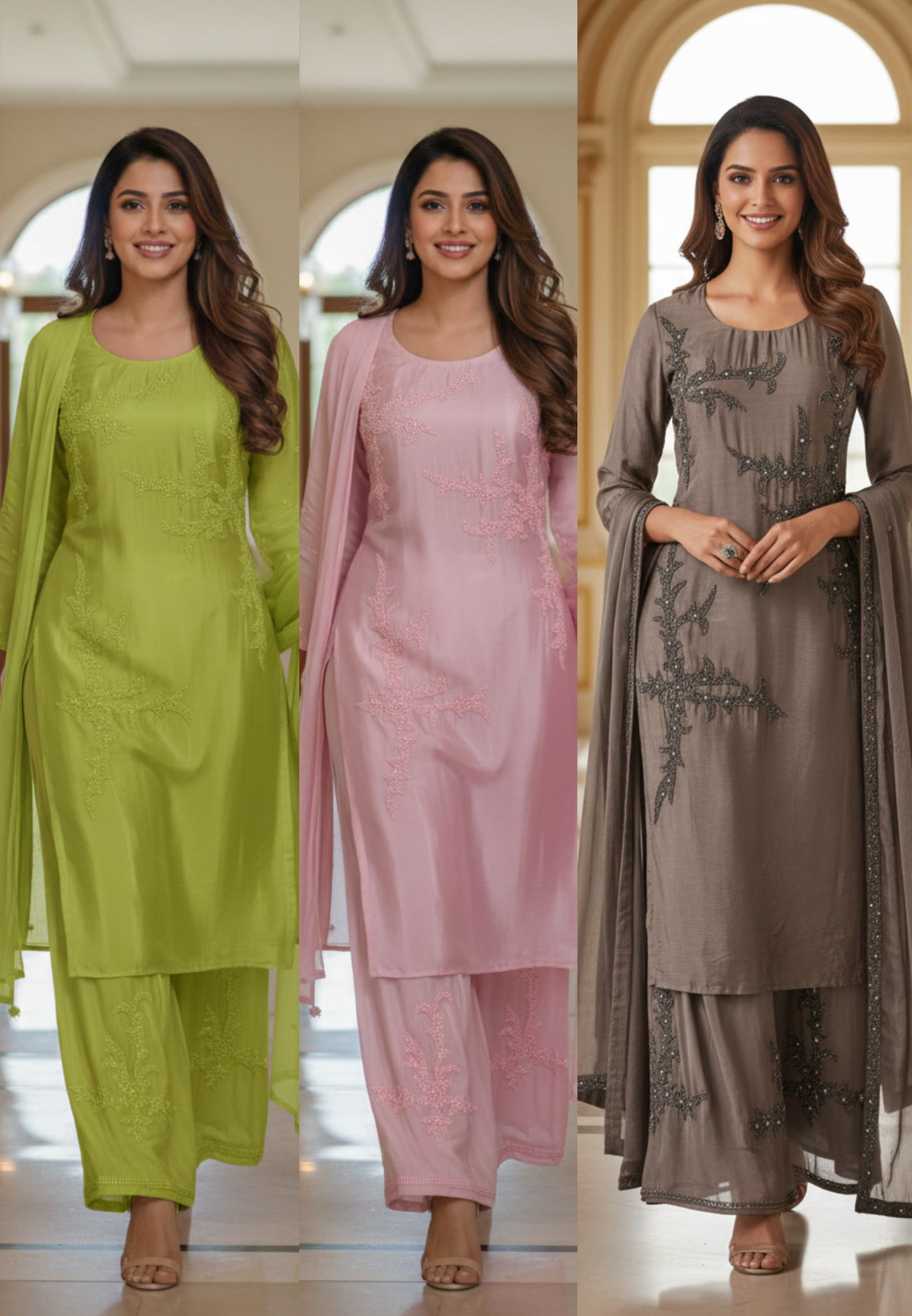 Designer Chinon Fabric Kurta–Palazzo Ensemble Adorned with Intricate Hand Embroidery & Beadwork With Dupatta DRY WASH