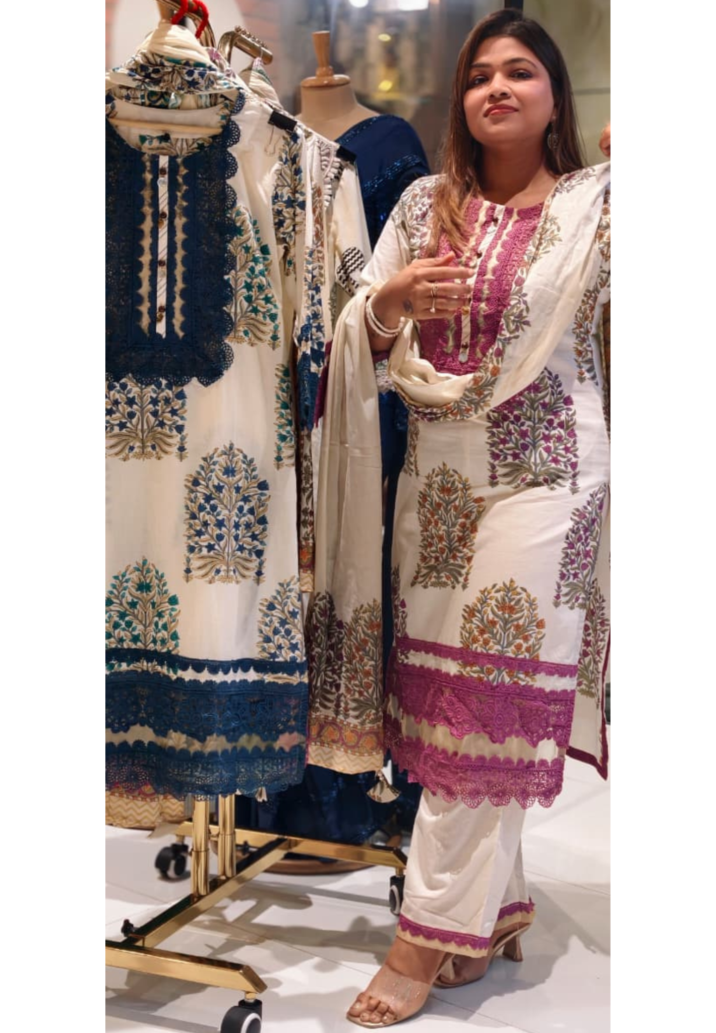 Floral Block Print Straight Cotton Full Suit Set With Dupatta With Crochet Lace Detailing- 14904