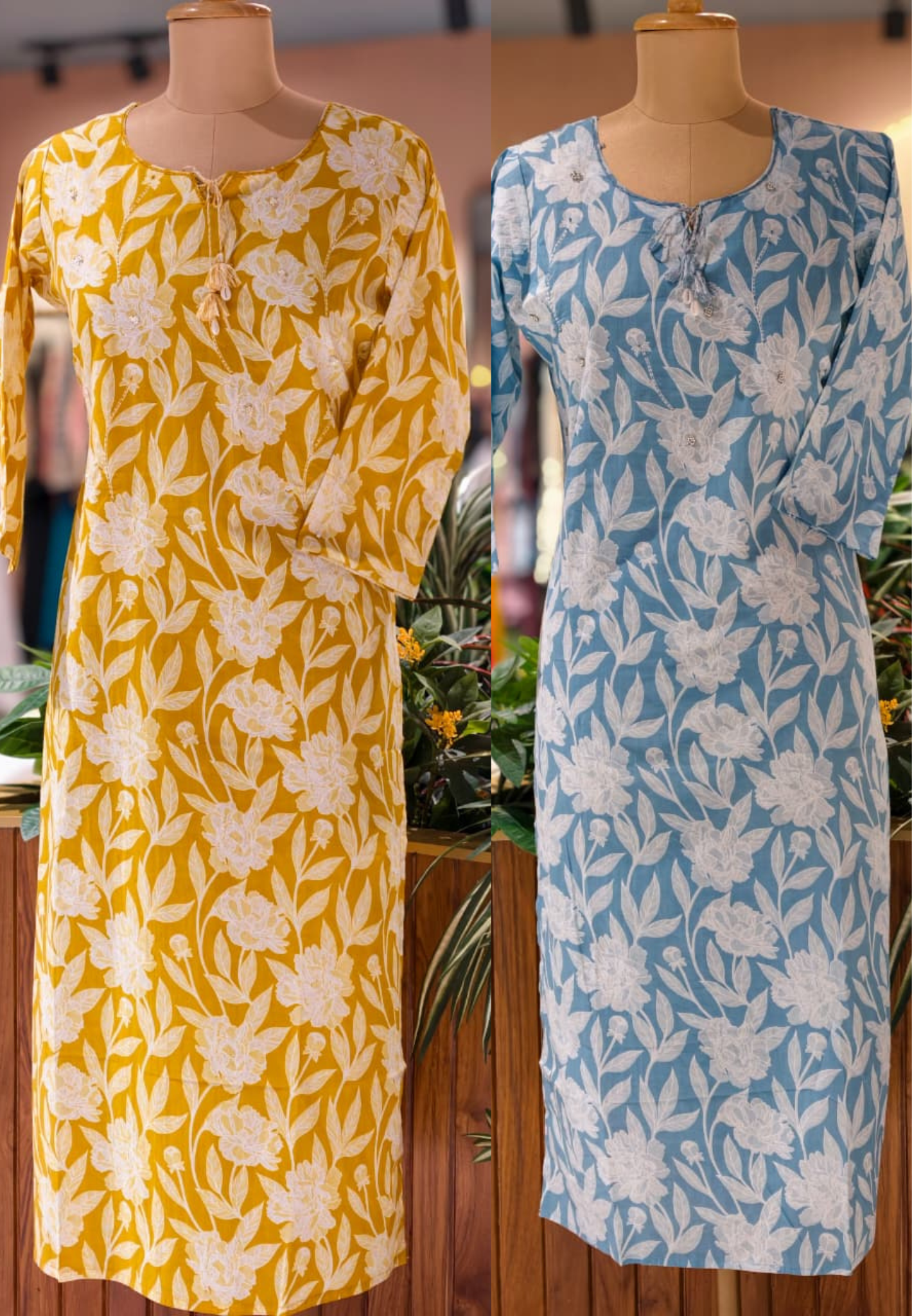 Sheer Elegance Summer Tone Leafy Floral Printed Cotton Kurti Only