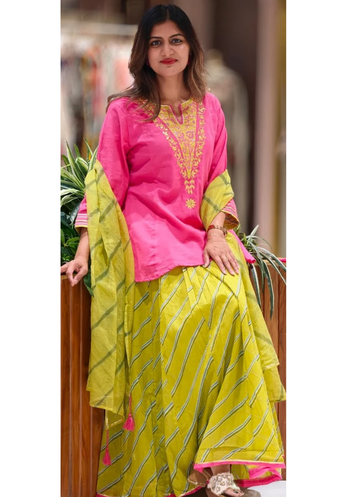 Neon Shade Embroidered V-Yoke Short Length Kurta With Leheriya Skirt Bottom & Matching Dupatta- 16952