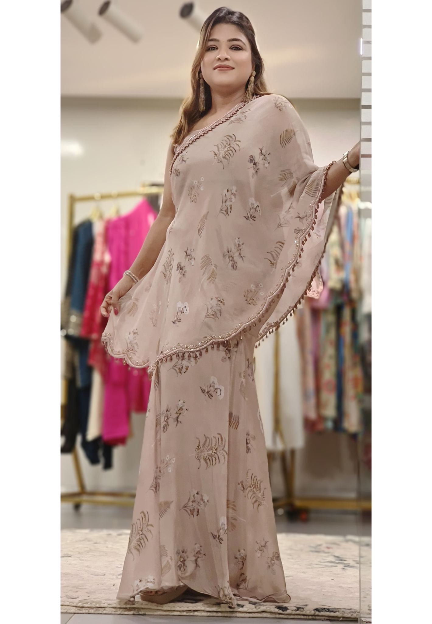 Elegant Off Shoulder Floral Embellished Chinon Padded Buster with Emblishment Cape Overlay With Loose Palazzo