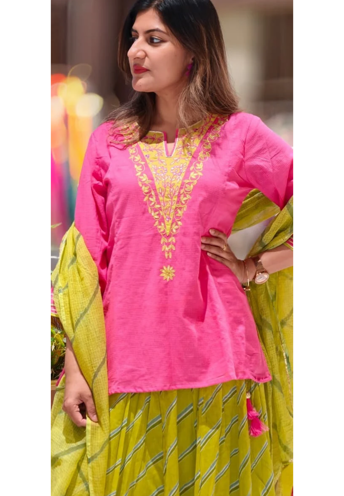 Neon Shade Embroidered V-Yoke Short Length Kurta With Leheriya Skirt Bottom & Matching Dupatta- 16952