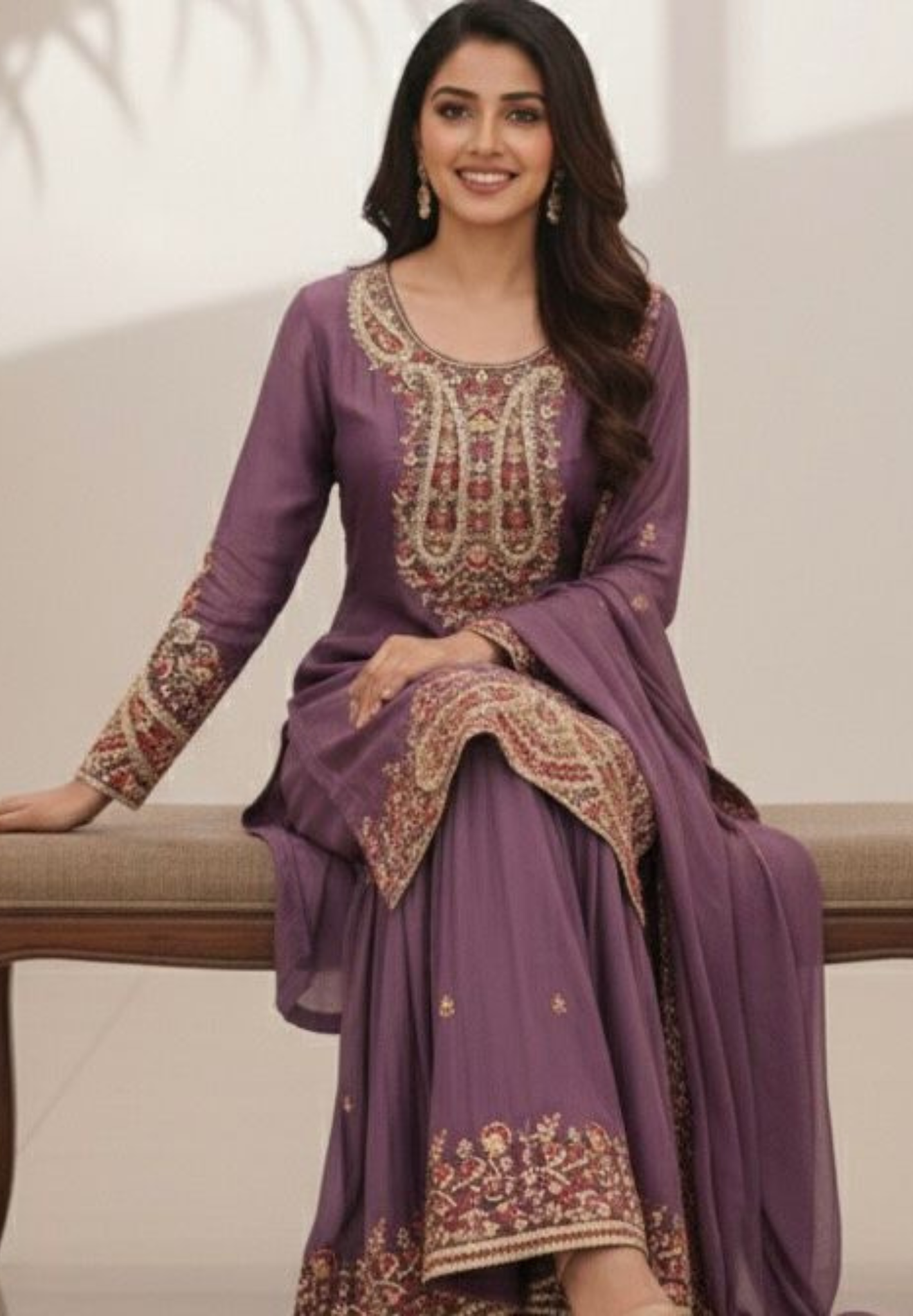 Heavily Embroidered Panel Full Suit Set With Sharara Bottom & Dupatta In Chinon Fabric- 11824