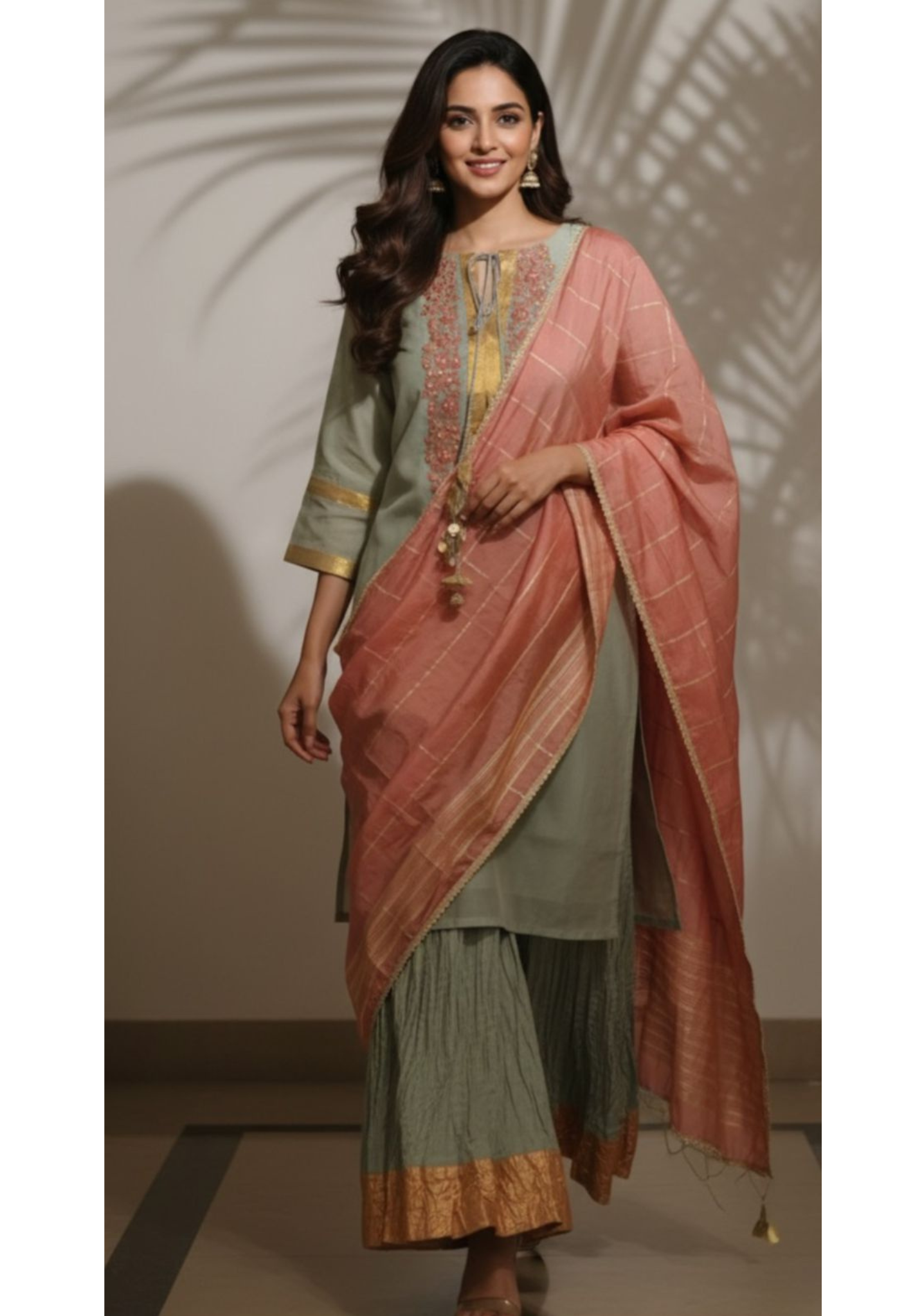 Thread Embroidered Golden Bordered Pure Chanderi Full Suit Set With Dupatta & Crush Bottom- 11718