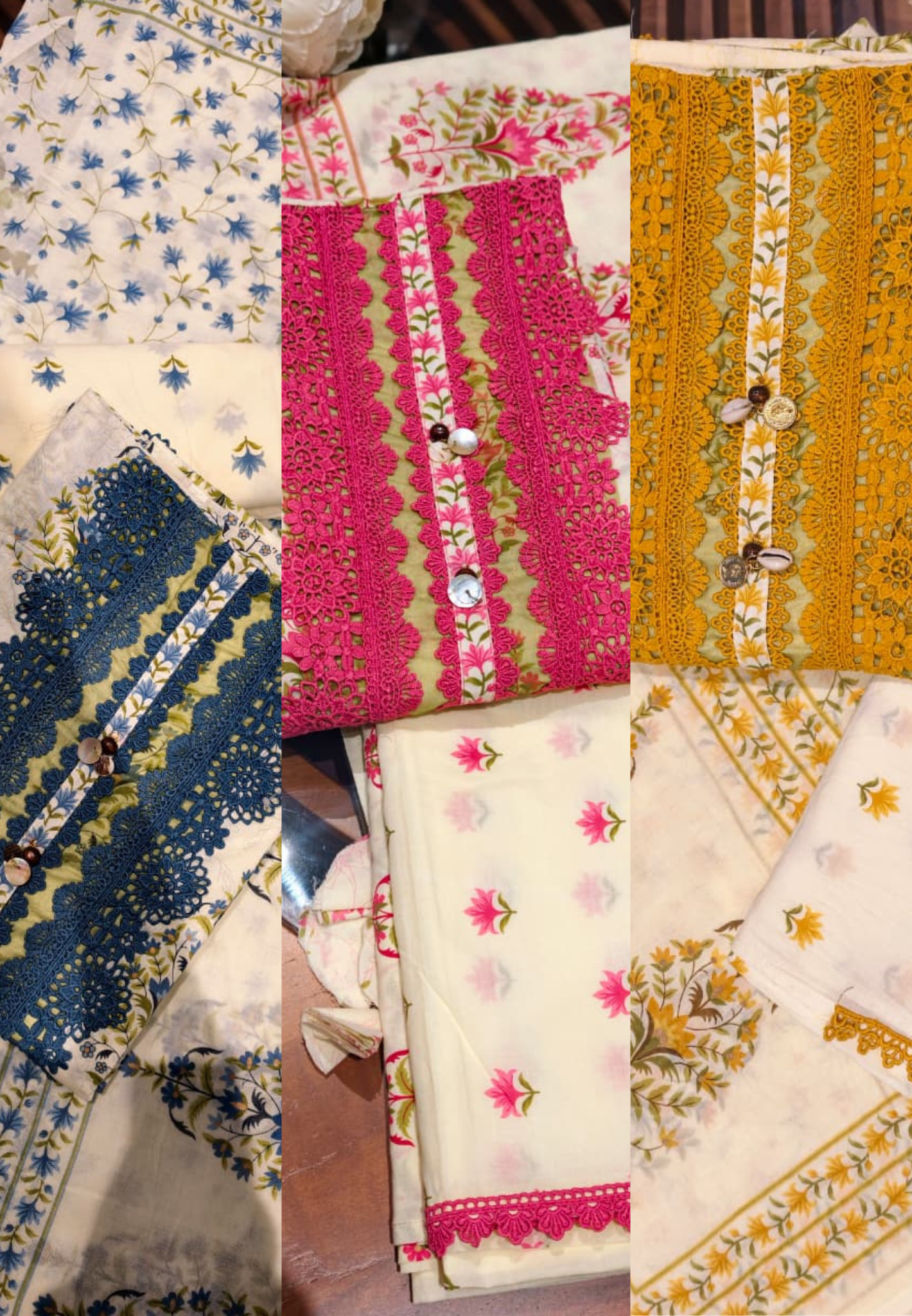 Premium Floral Print Unstitched Cotton Full Suit Set with Heavy Crosia Lace Detailing- 14913