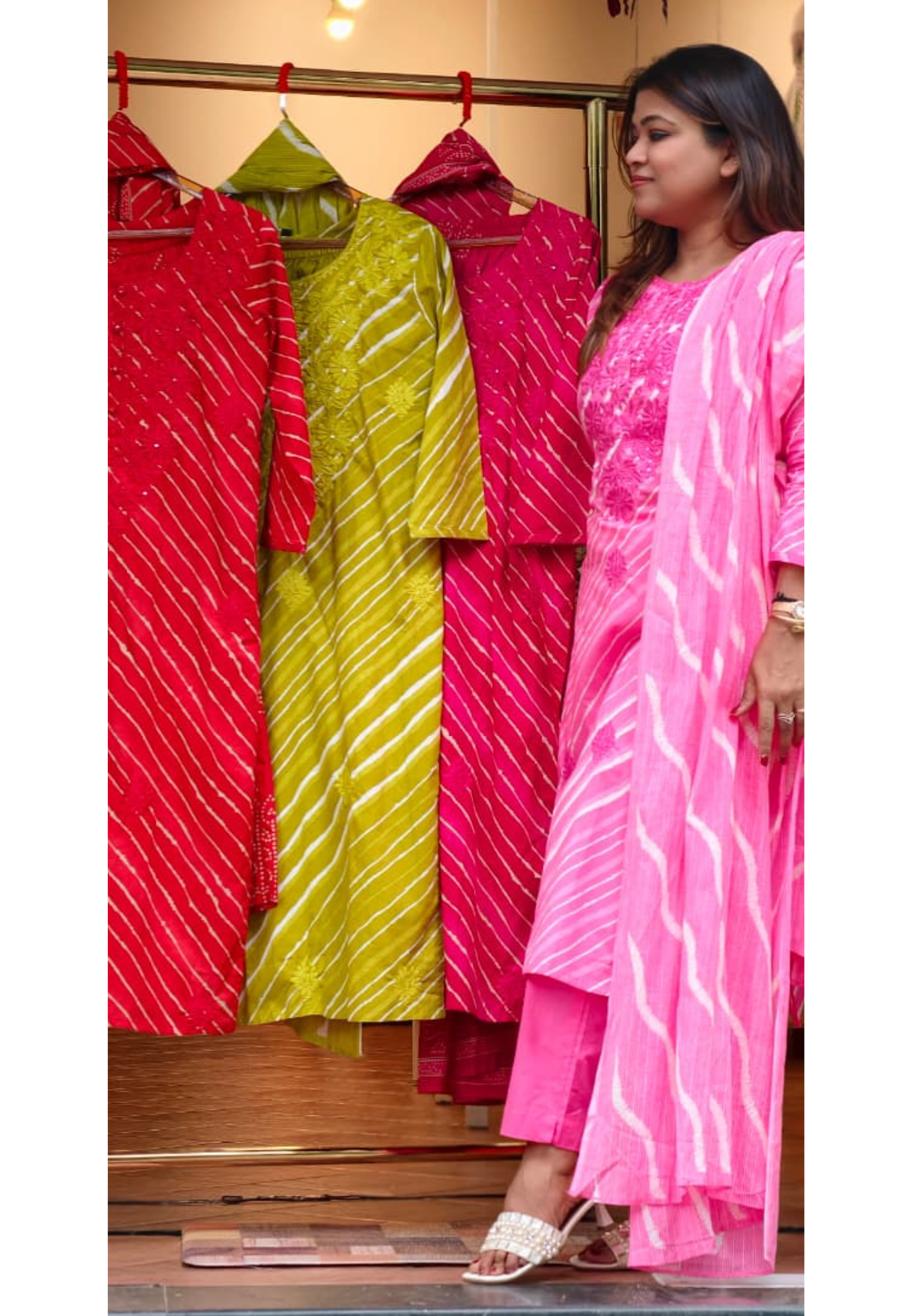 Neon Shades Floral Thread Embroidery Lehriya Cotton Full Suit Set With Dupatta- 15663, 15653