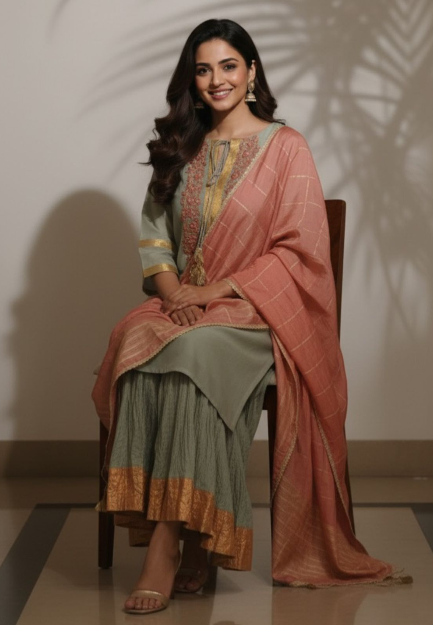 Thread Embroidered Golden Bordered Pure Chanderi Full Suit Set With Dupatta & Crush Bottom- 11718