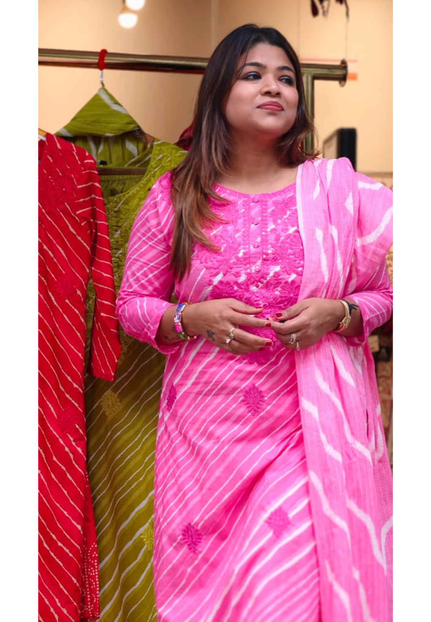 Neon Shades Floral Thread Embroidery Lehriya Cotton Full Suit Set With Dupatta- 15663, 15653