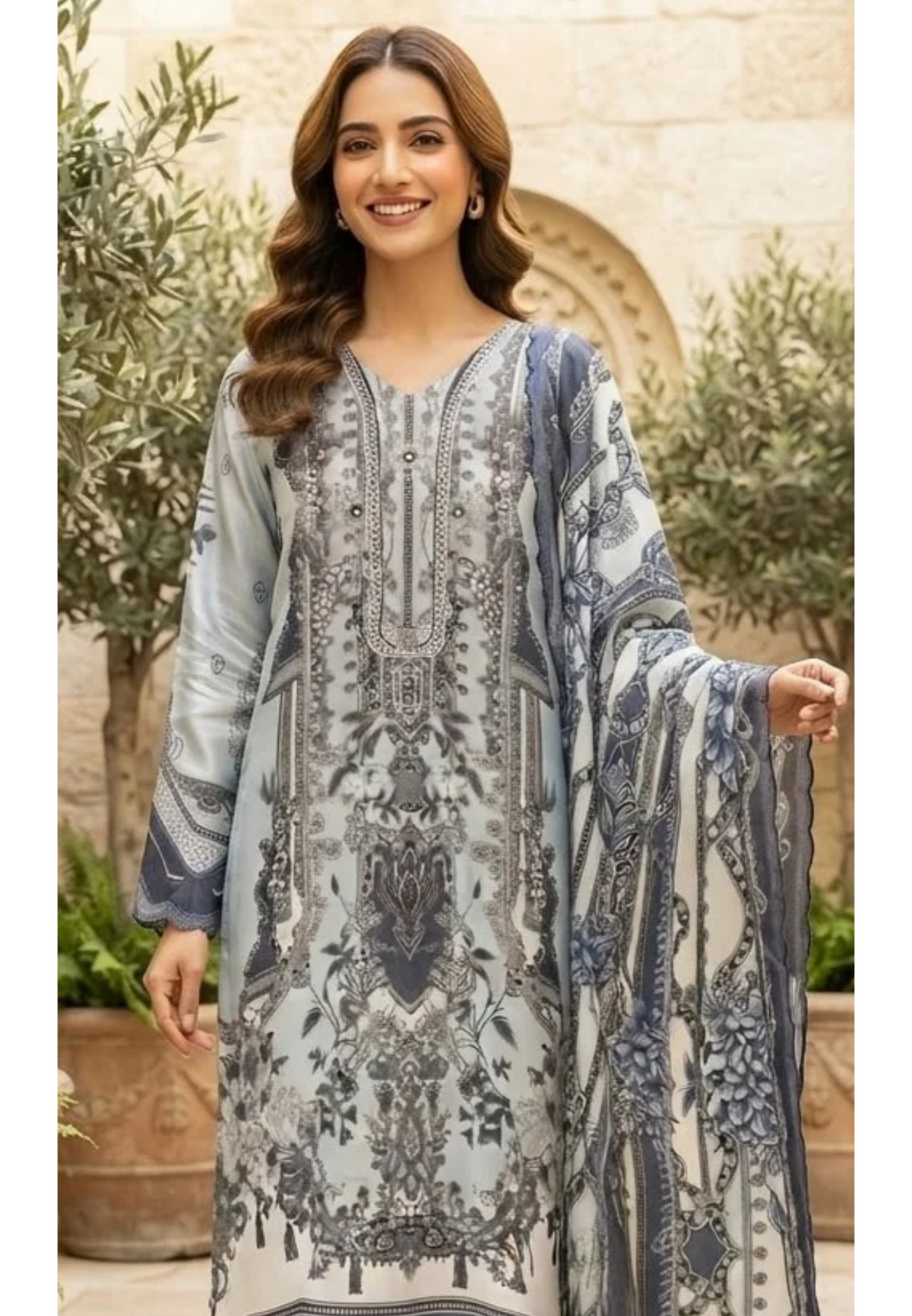 Graceful Twin Blue Floral Printed With Shimmery Highlights Pakistani Style Crepe Full Suit Set With Dupatta & Farshi Bottom- 16502