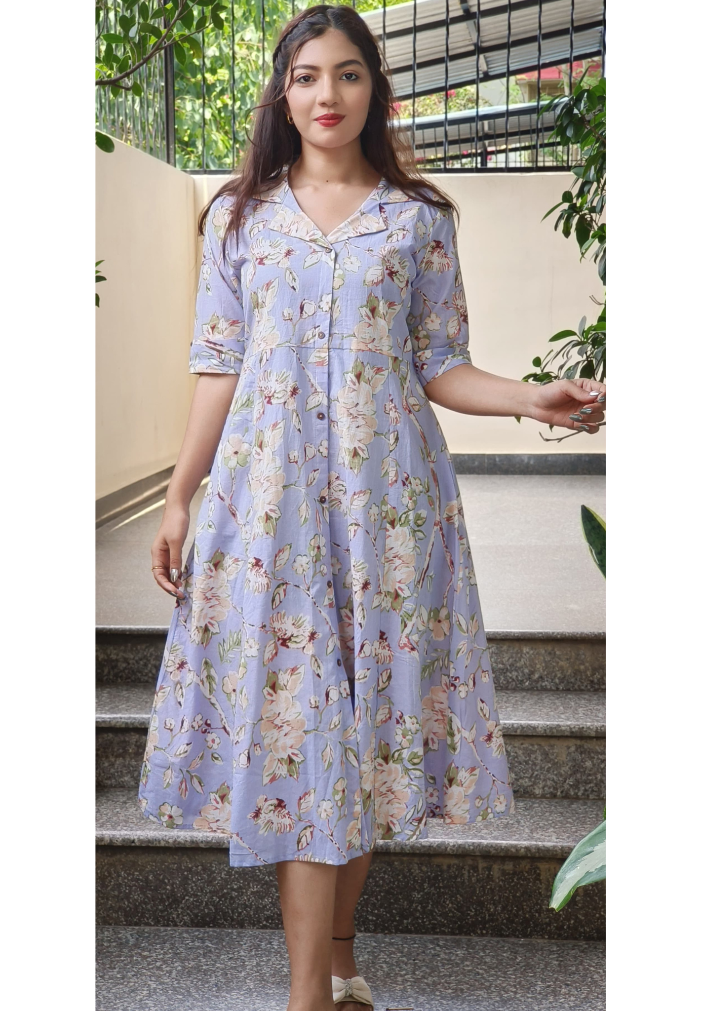 Collar style Floral Print Casual Frock With Pocket-9530,9531