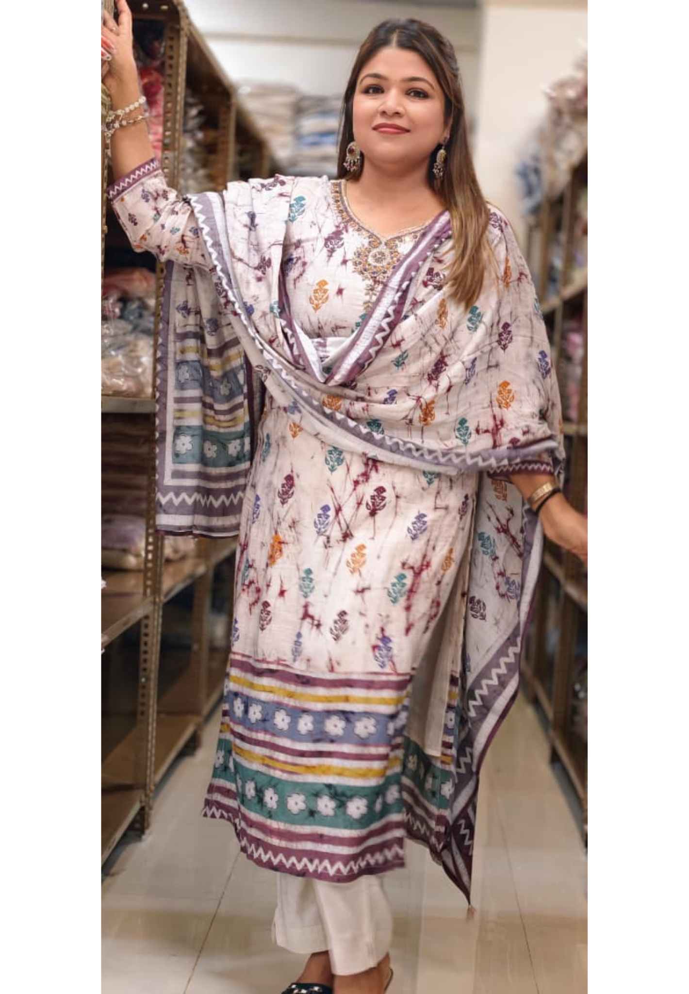 Ivory Fusion Embroidered Tie-Dye Full Suit Set with Dupatta In Muslin Fabric-LEAN FIT(ADVISIBLE NEXT SIZE)
