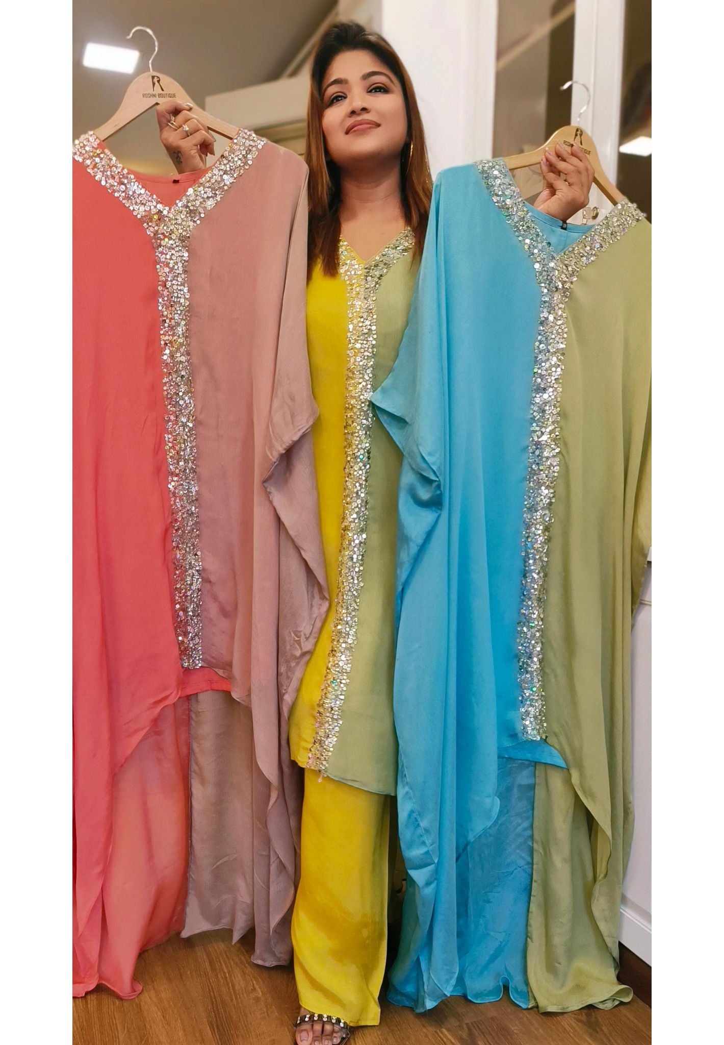 Designer Double Shaded embroidered Party Wear Chinon Kaftan With Strai