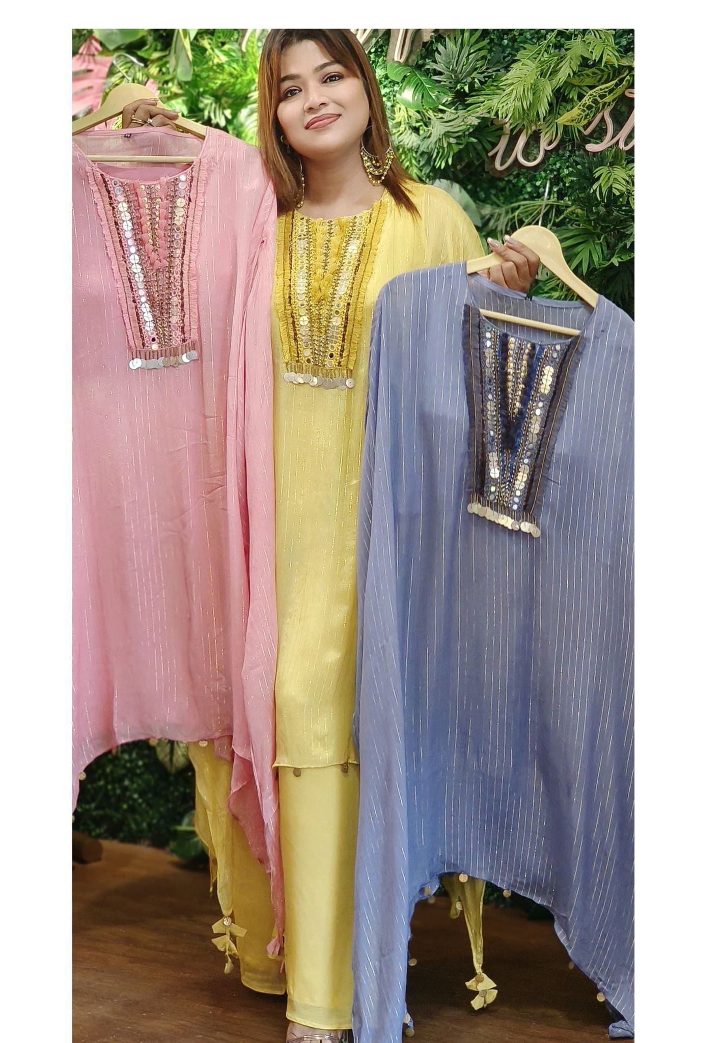Cape Style  emblishment kaftan with pads and palazzo pant (set of 2)DRYWASH-05299