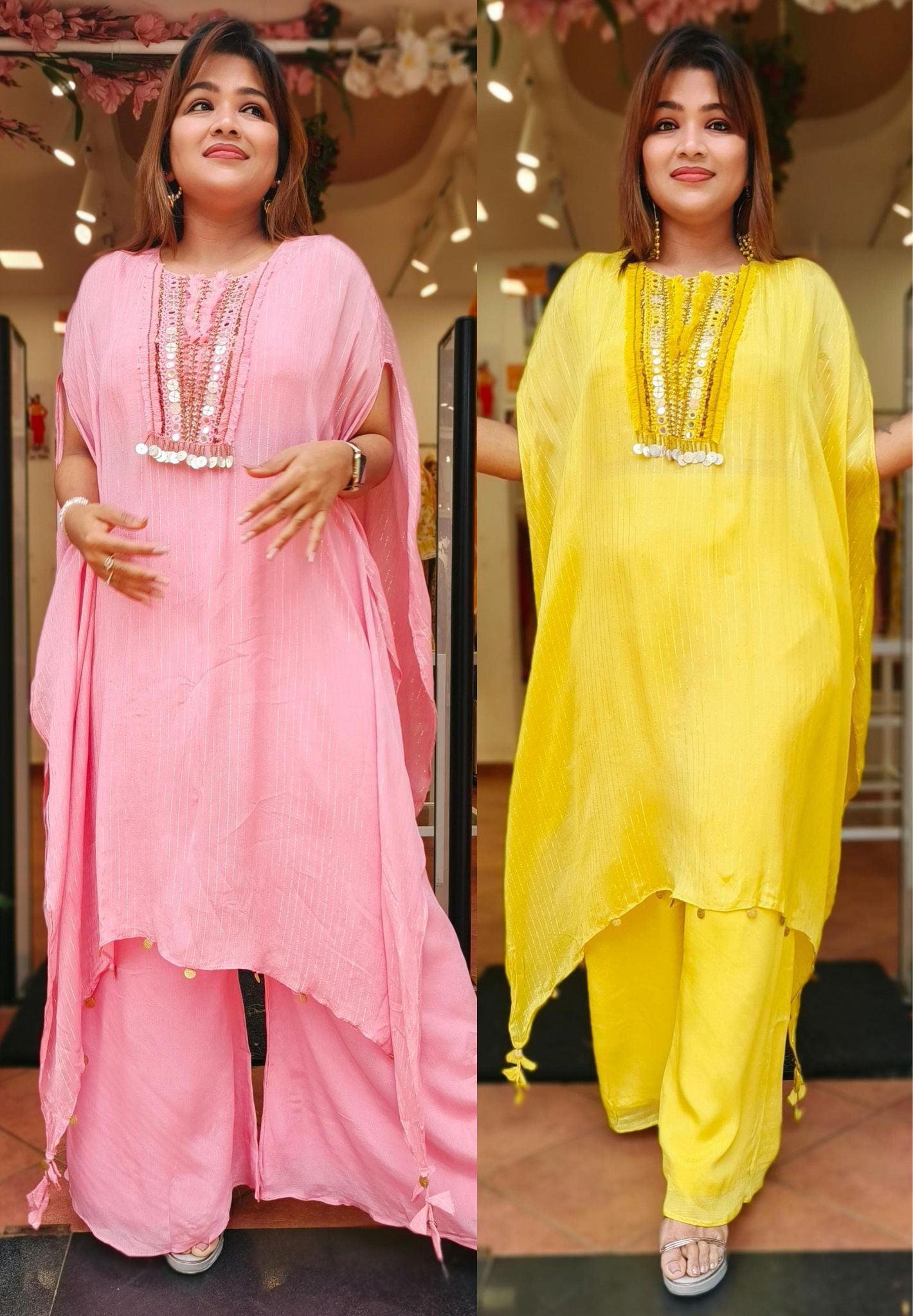 Cape Style emblishment kaftan with pads and palazzo pant (set of 2)DRYWASH-05299