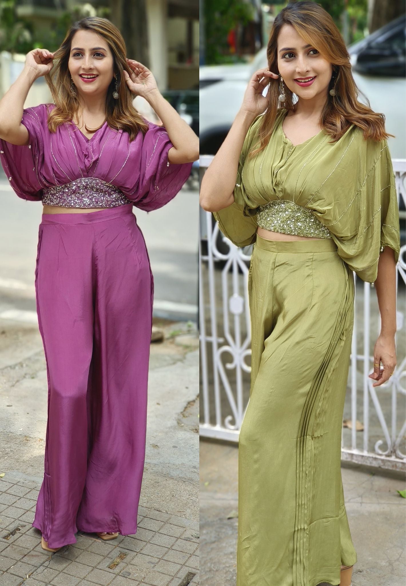 Stylish cutdana Embroidered Crape Crop Top with Chinon palazzo pant -05628-05627