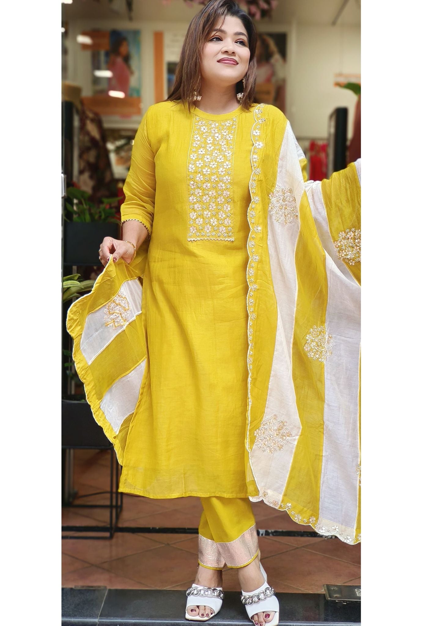 Beautiful Pure Chanderi Pearl Gotta Embroidered Full Suit with Embroidered Scalap Dupatta-06490