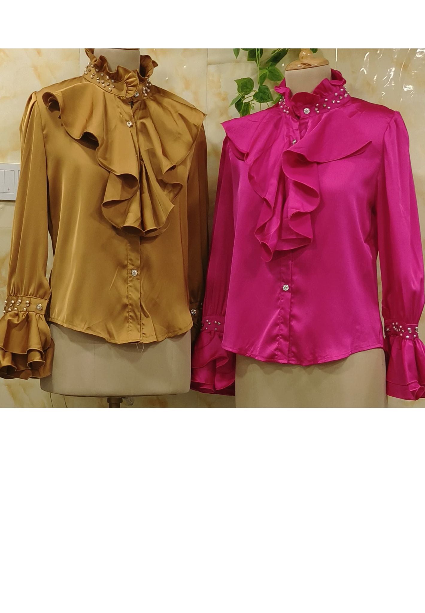 High ruffled collars with pearl embellishments-