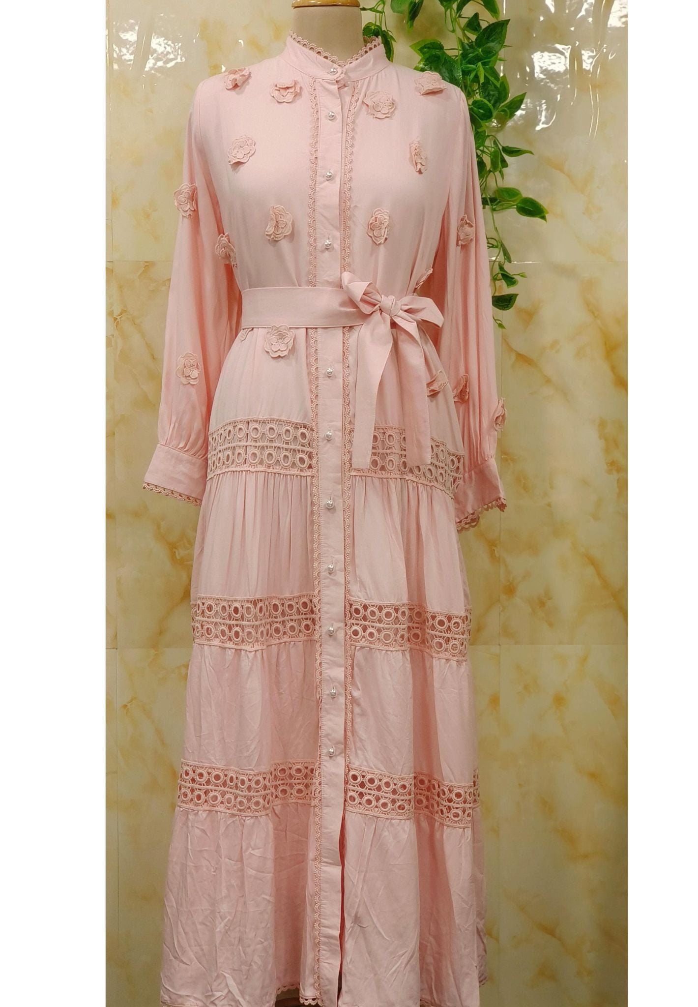 Beautiful Maxi Dress with Floral Appliques and Lace Trim