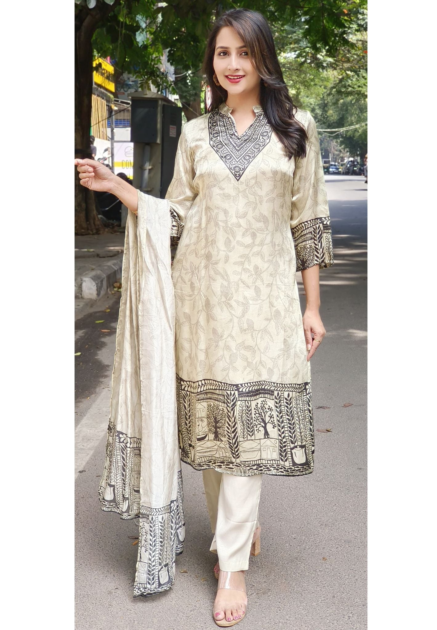 Digital Print Gajji Silk Madeiran Collar Floral Printed Full set-07684-85