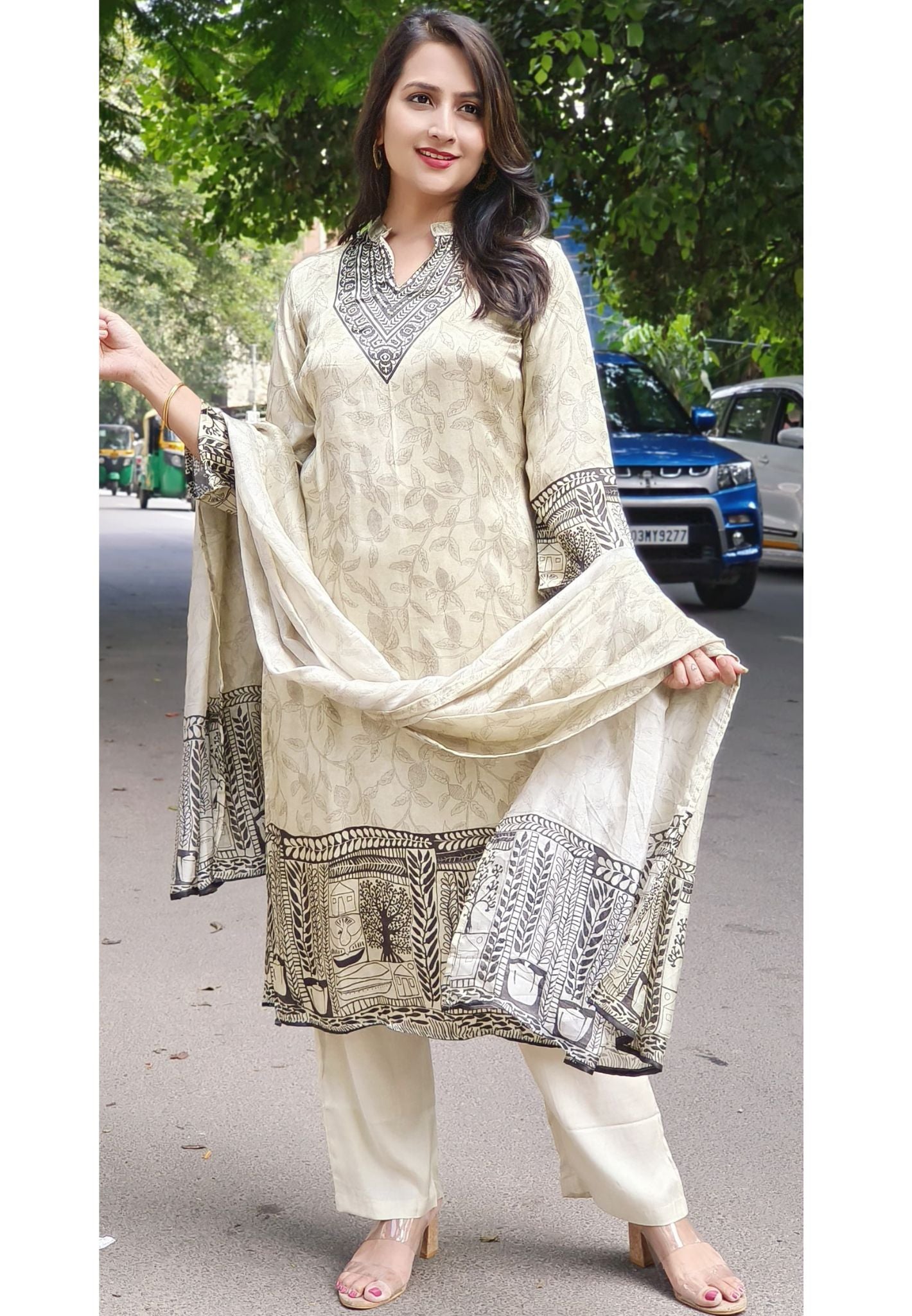 Digital Print Gajji Silk Madeiran Collar Floral Printed Full set-07684-85