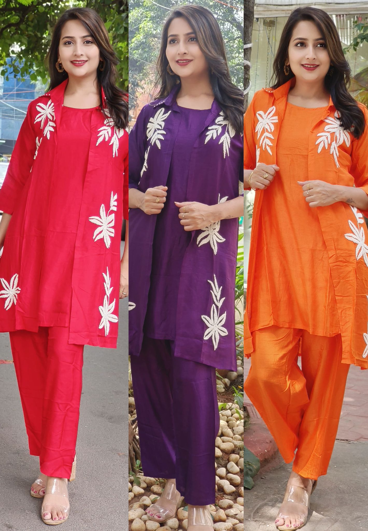 Stylish Pearl Hand Embroidered Silk Three Piece Jacket Inner And Pant Set