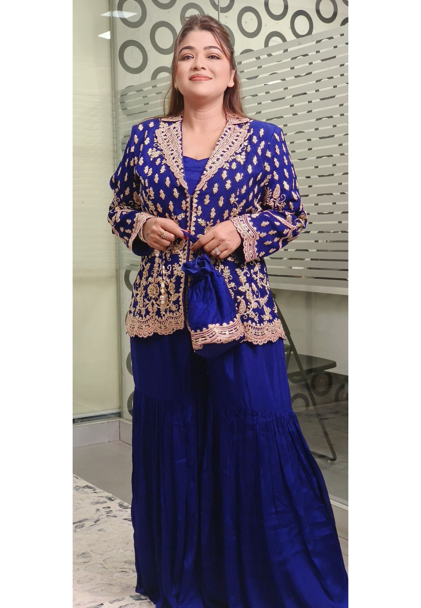 Luxurious Embroidered Silk Sharara Set with Intricate Zari Work and Designer Jacket – Elegant Party Wear Outfit in Vibrant Colors DRY WASH-