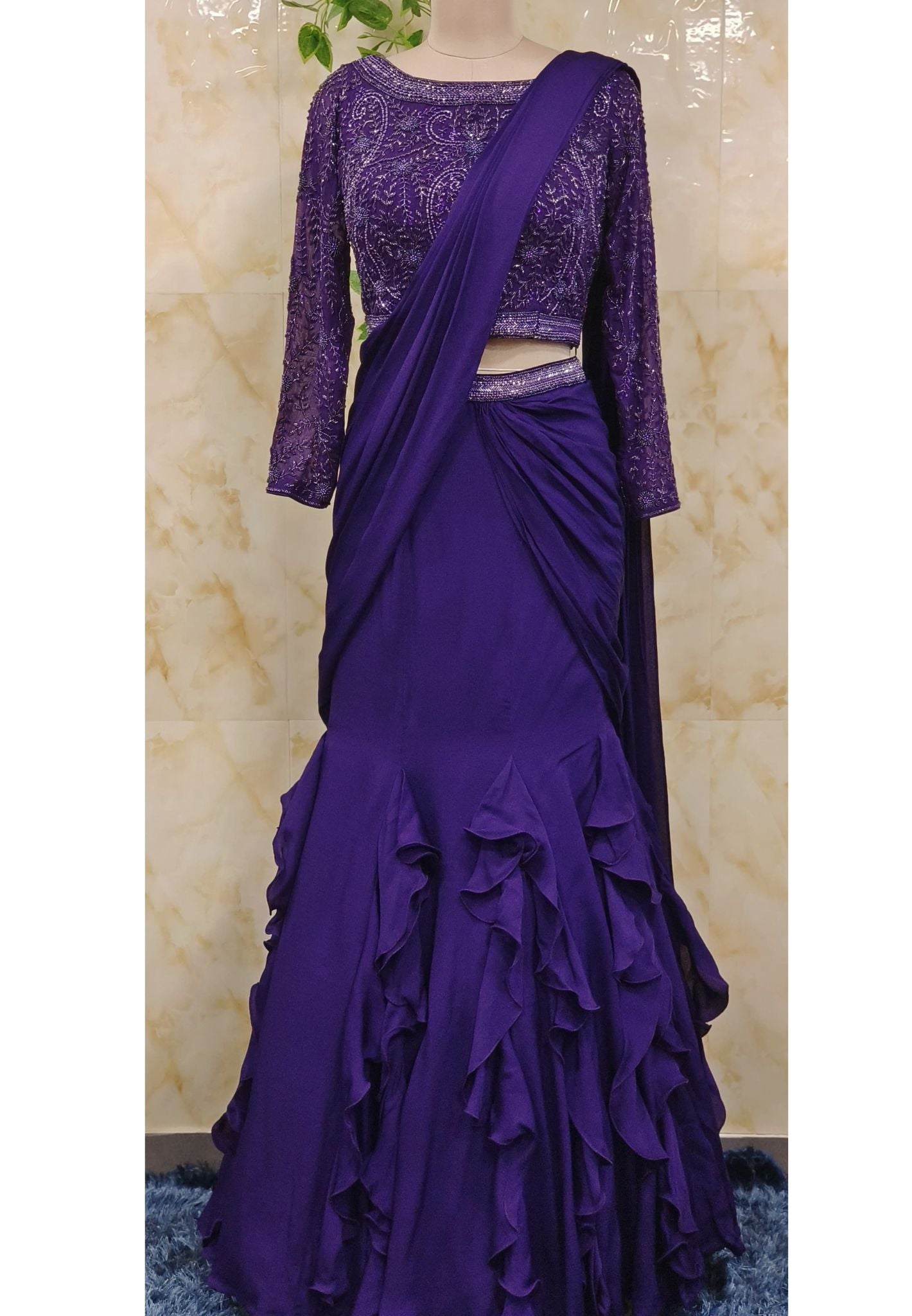 Elegant Indo-Western Fish-Cut Draped Skirt with Intricately Embroidered Top – Perfect for Festive and Party Wear DRY WASH-ONLY ON ORDERS DISPATCHING AFTER 30 DAYS