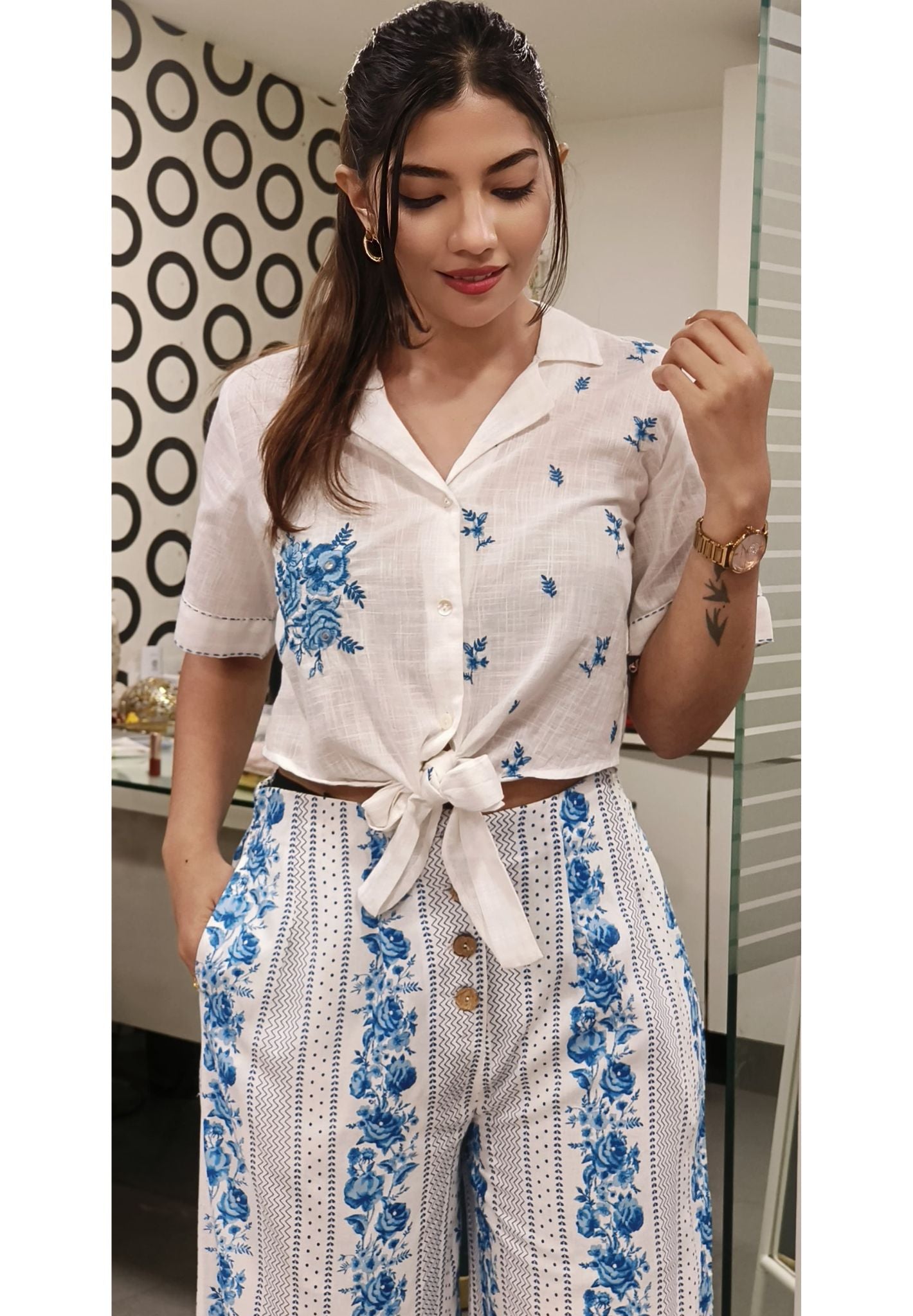 Stylish Embroidered Knot Crop Top and Blue-White Printed Palazzo Co-Ord Set-08762