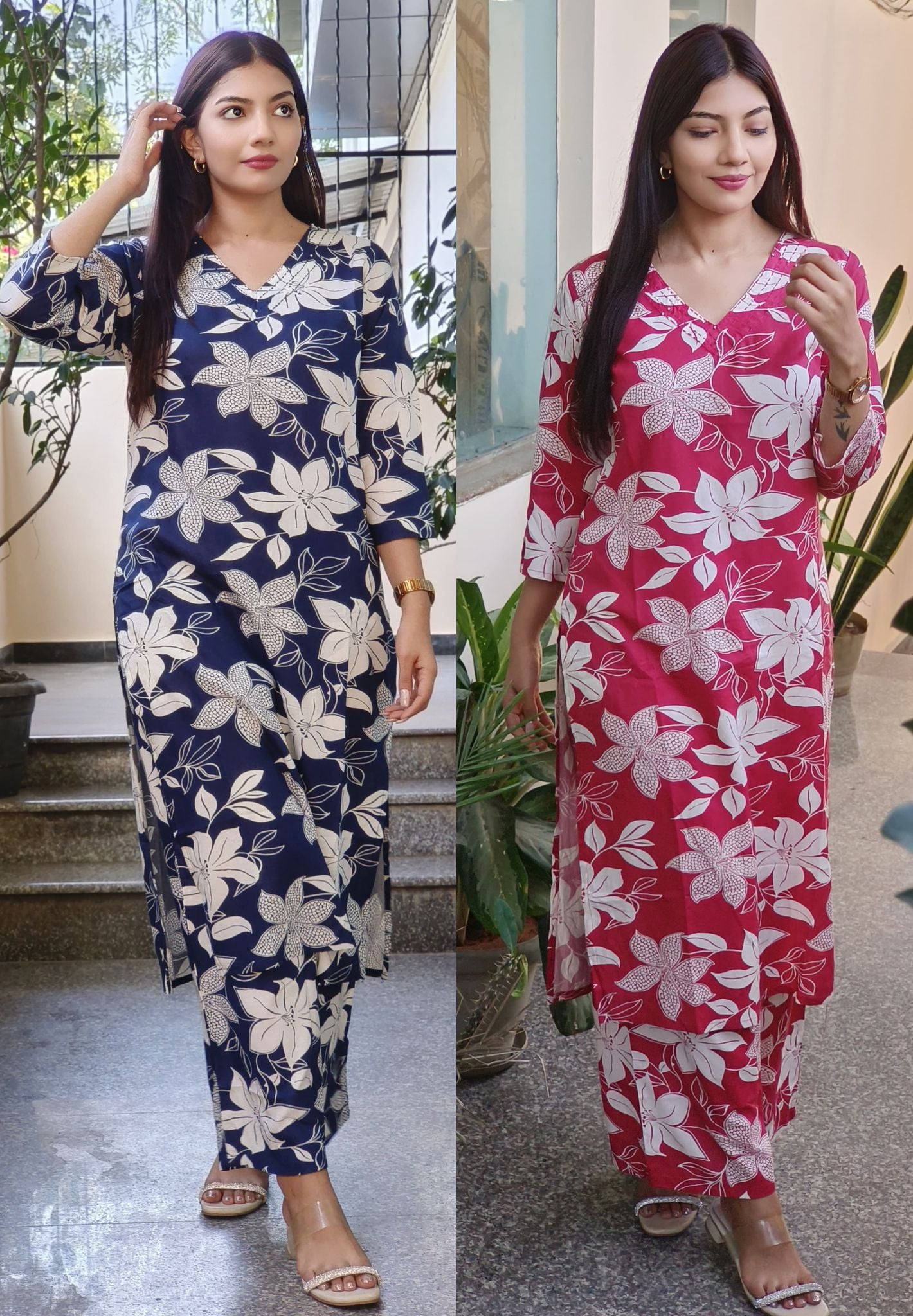 Flower Print Slub Cotton V-Neck Kurta with Loose Pant Set-08787-08786