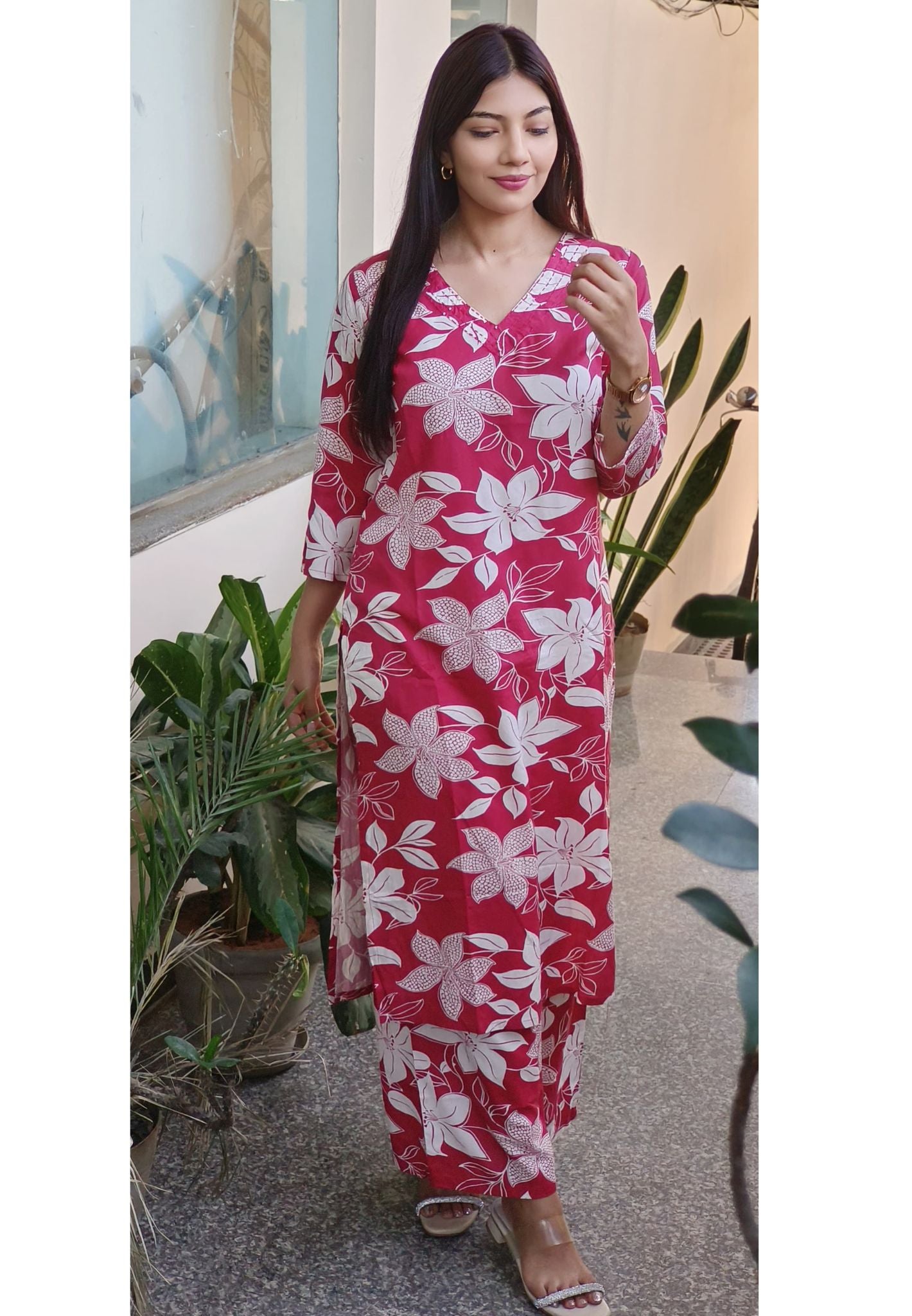 Flower Print Slub Cotton V-Neck Kurta with Loose Pant Set-08787-08786
