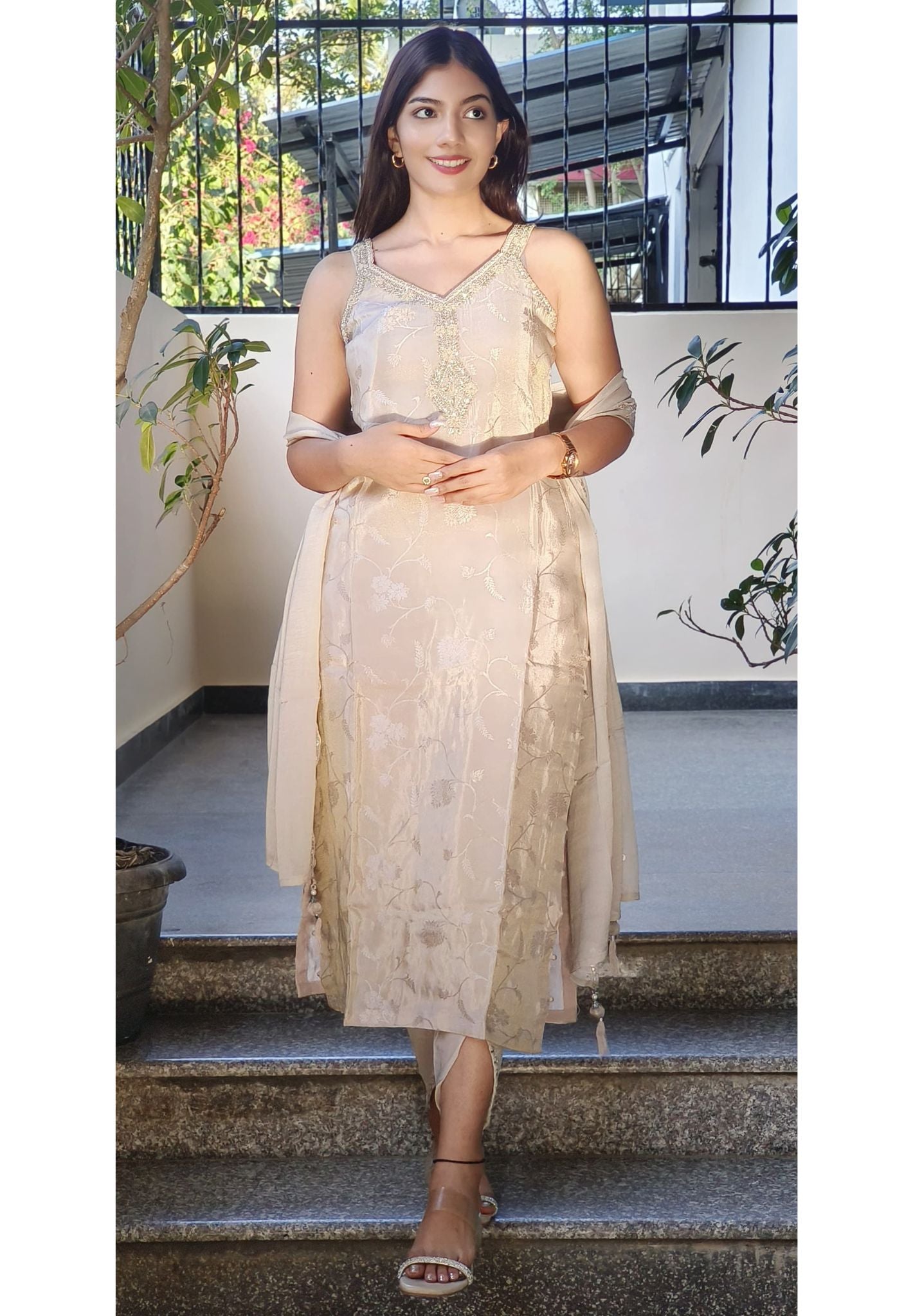 Radiant Tissue Zardosi Embroidered Neckline With Tulip Pant And Dupatta and separate Slevees-08801-08678-08800-08802-08803