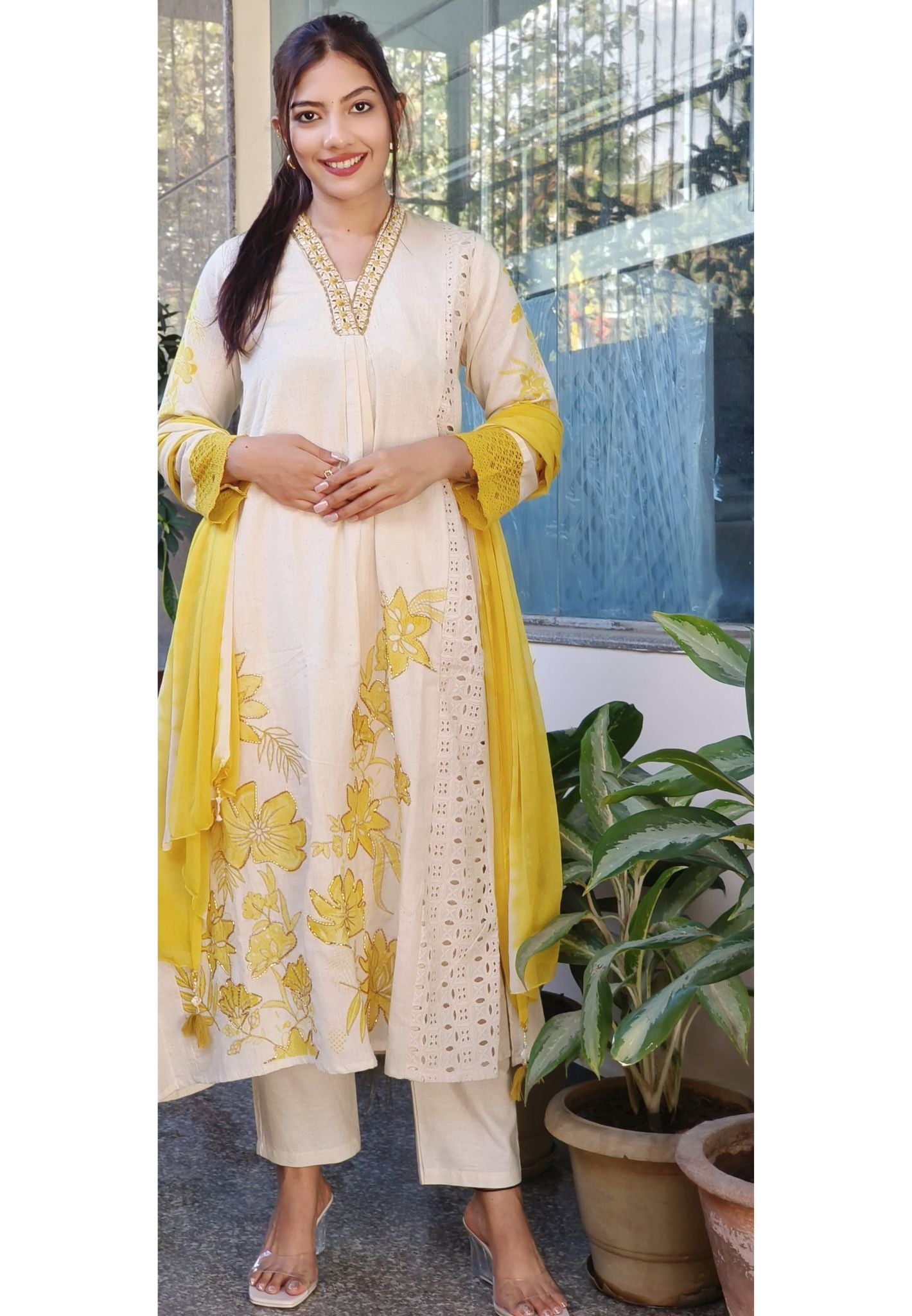 Elegant Floral Embroidery Cotton Anarkali with Yellow Dupatta V-Neck Real Mirror Work Full Set-