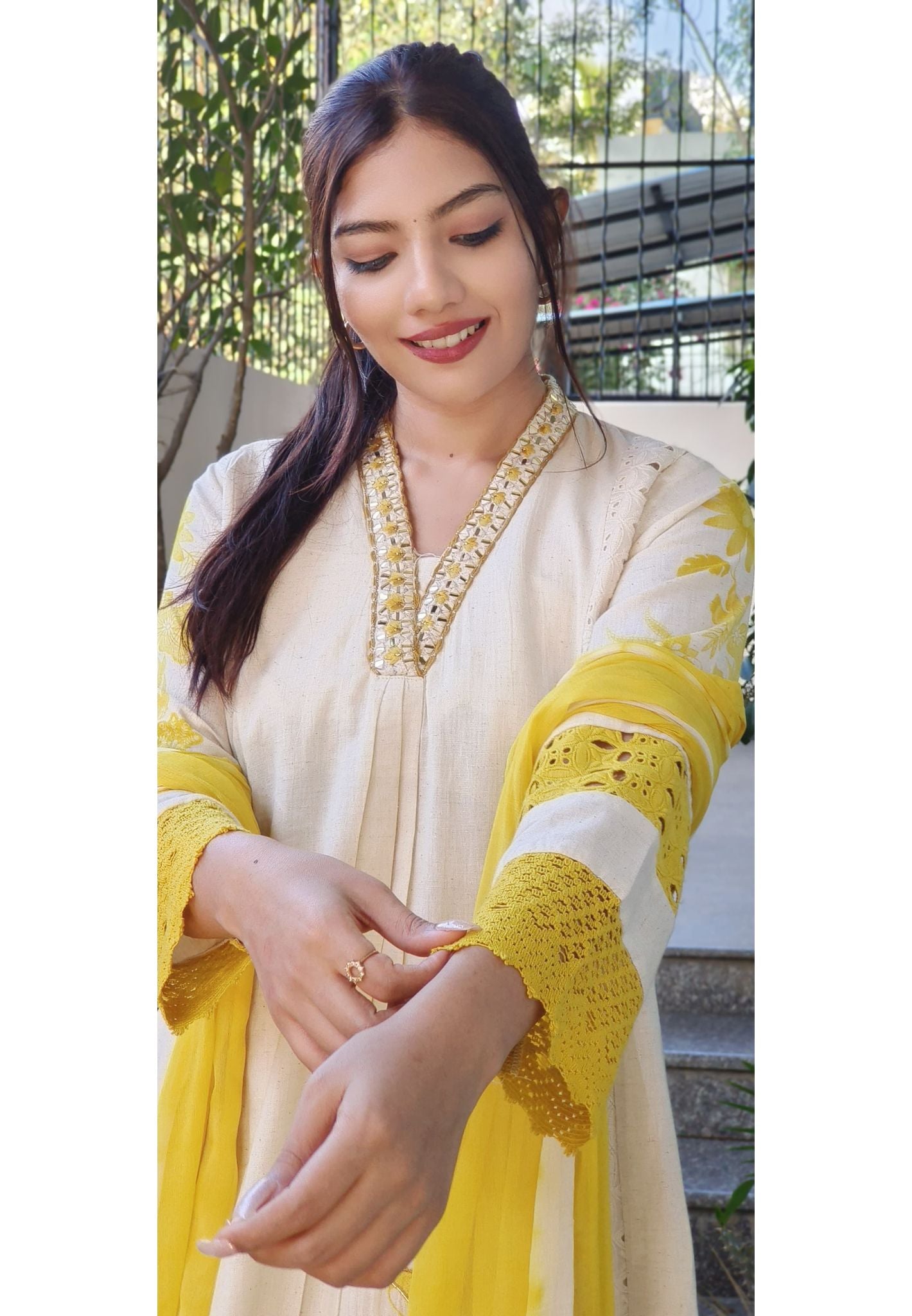 Elegant Floral Embroidery Cotton Anarkali with Yellow Dupatta V-Neck Real Mirror Work Full Set-