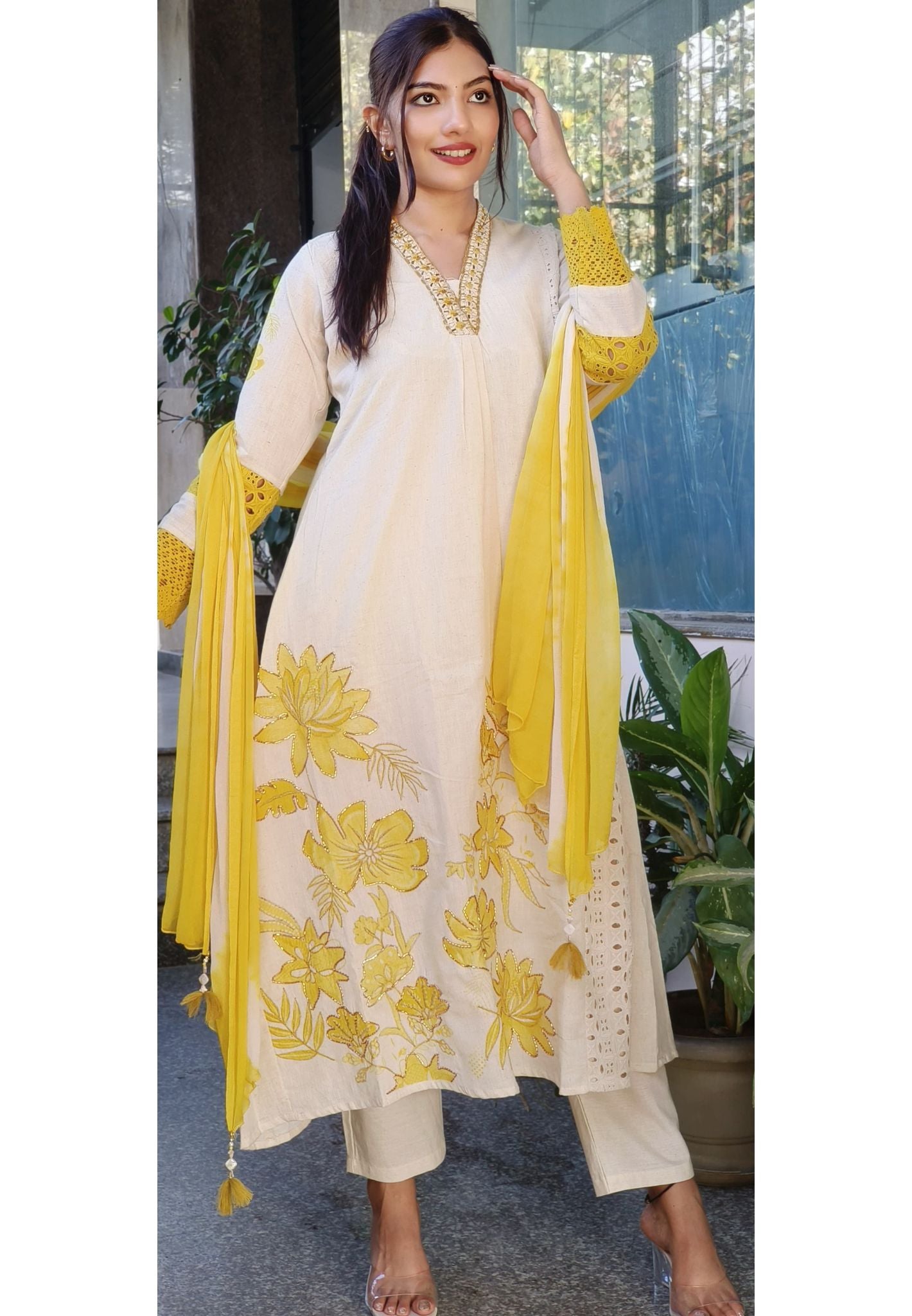 Elegant Floral Embroidery Cotton Anarkali with Yellow Dupatta V-Neck Real Mirror Work Full Set-