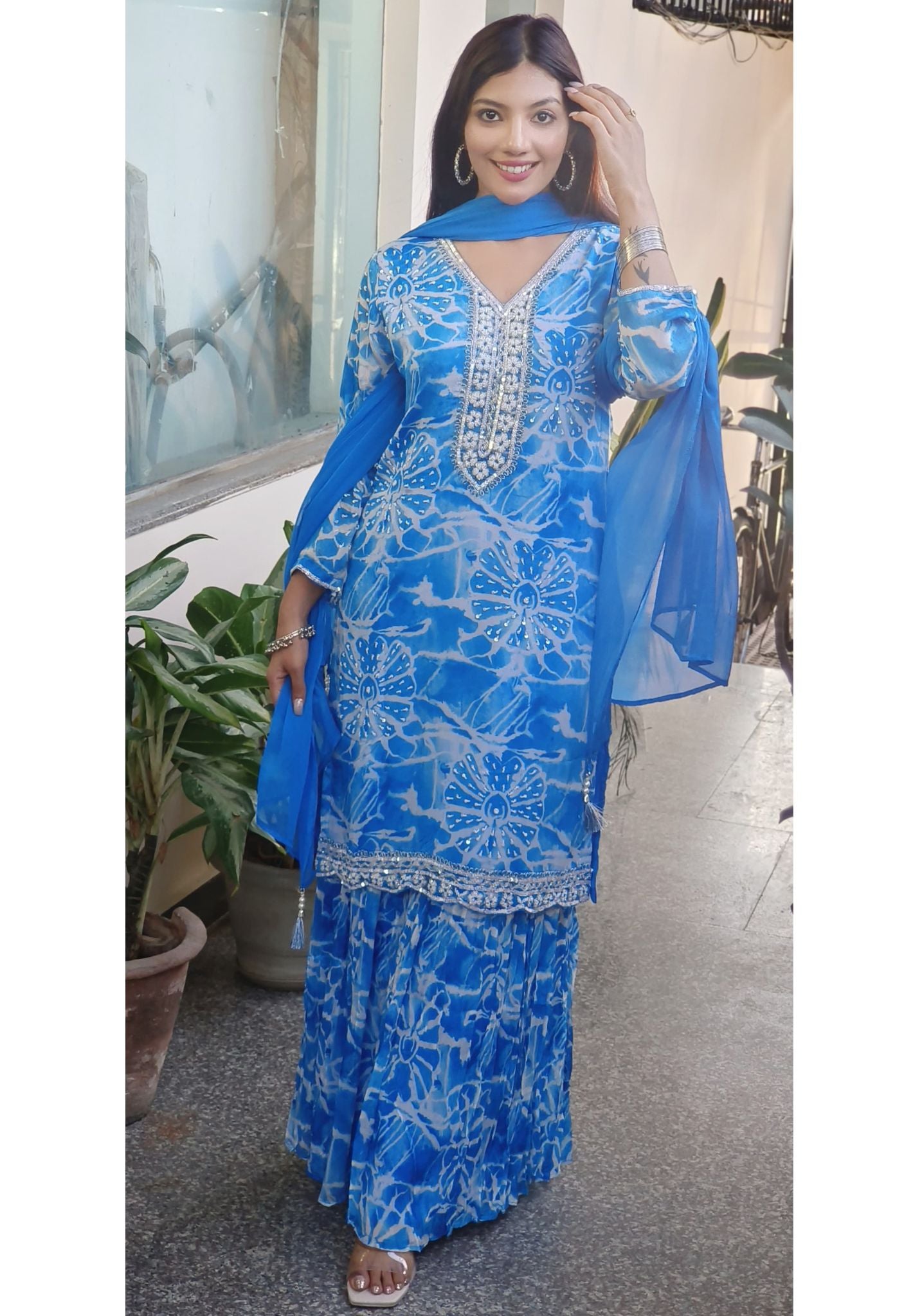 Beautiful Floral Printed Neck Embroidery Sharara Full Suit Sets-08876-08877