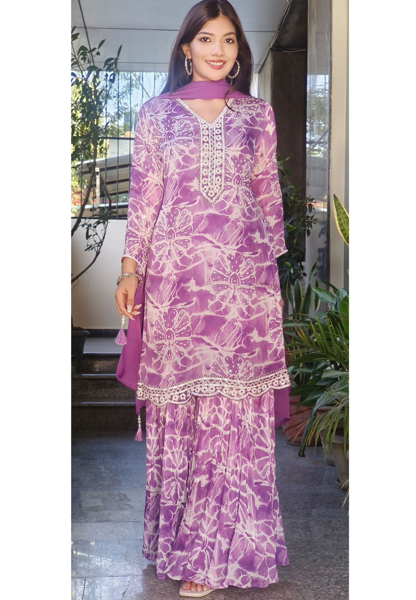 Beautiful Floral Printed Neck Embroidery Sharara Full Suit Sets-08876-08877