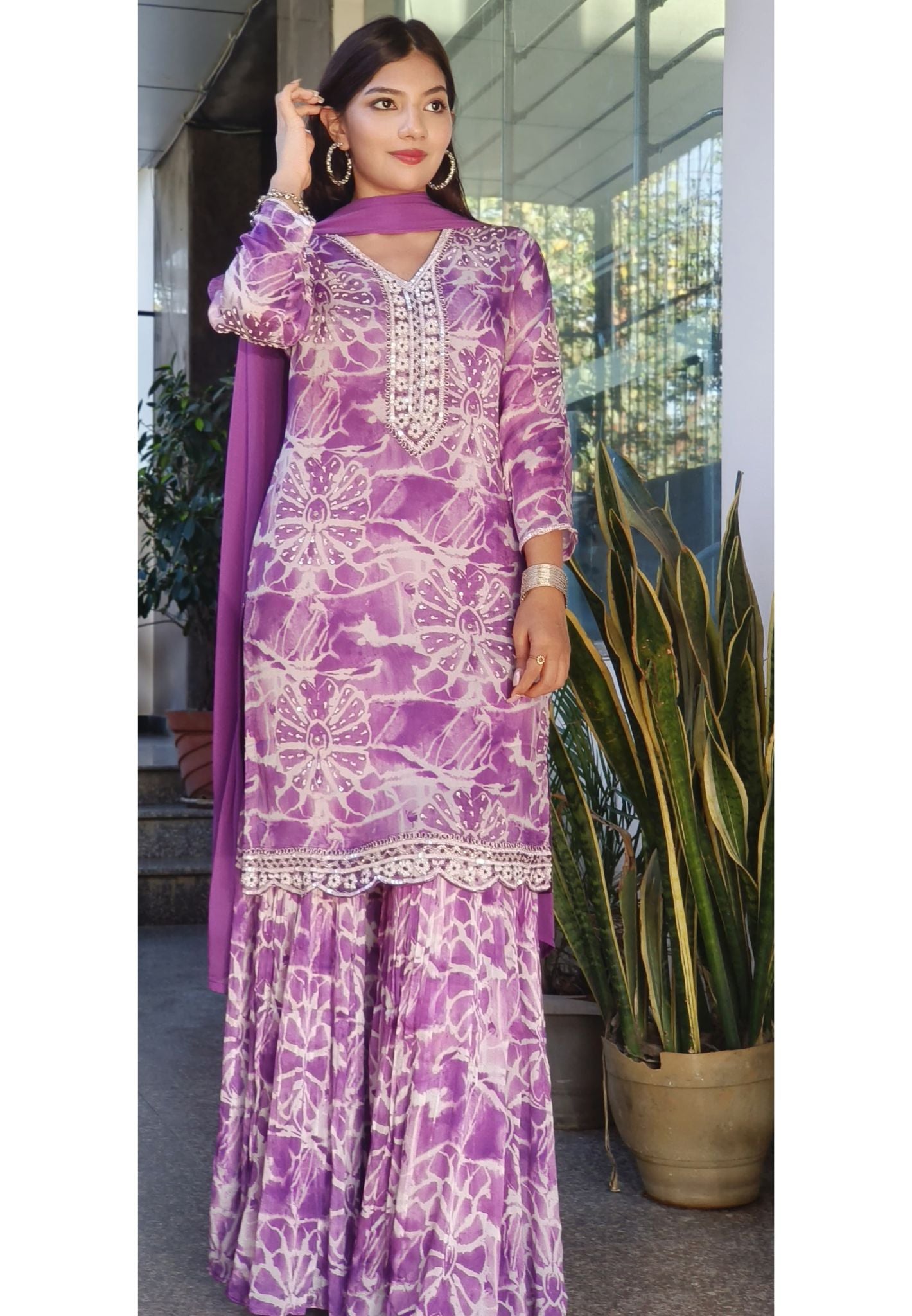 Beautiful Floral Printed Neck Embroidery Sharara Full Suit Sets-08876-08877