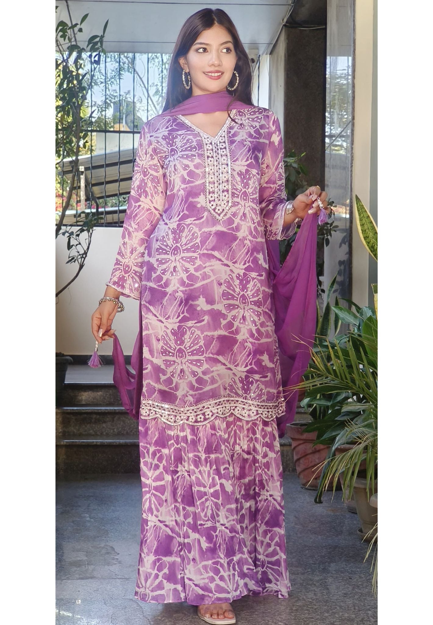 Beautiful Floral Printed Neck Embroidery Sharara Full Suit Sets-08876-08877