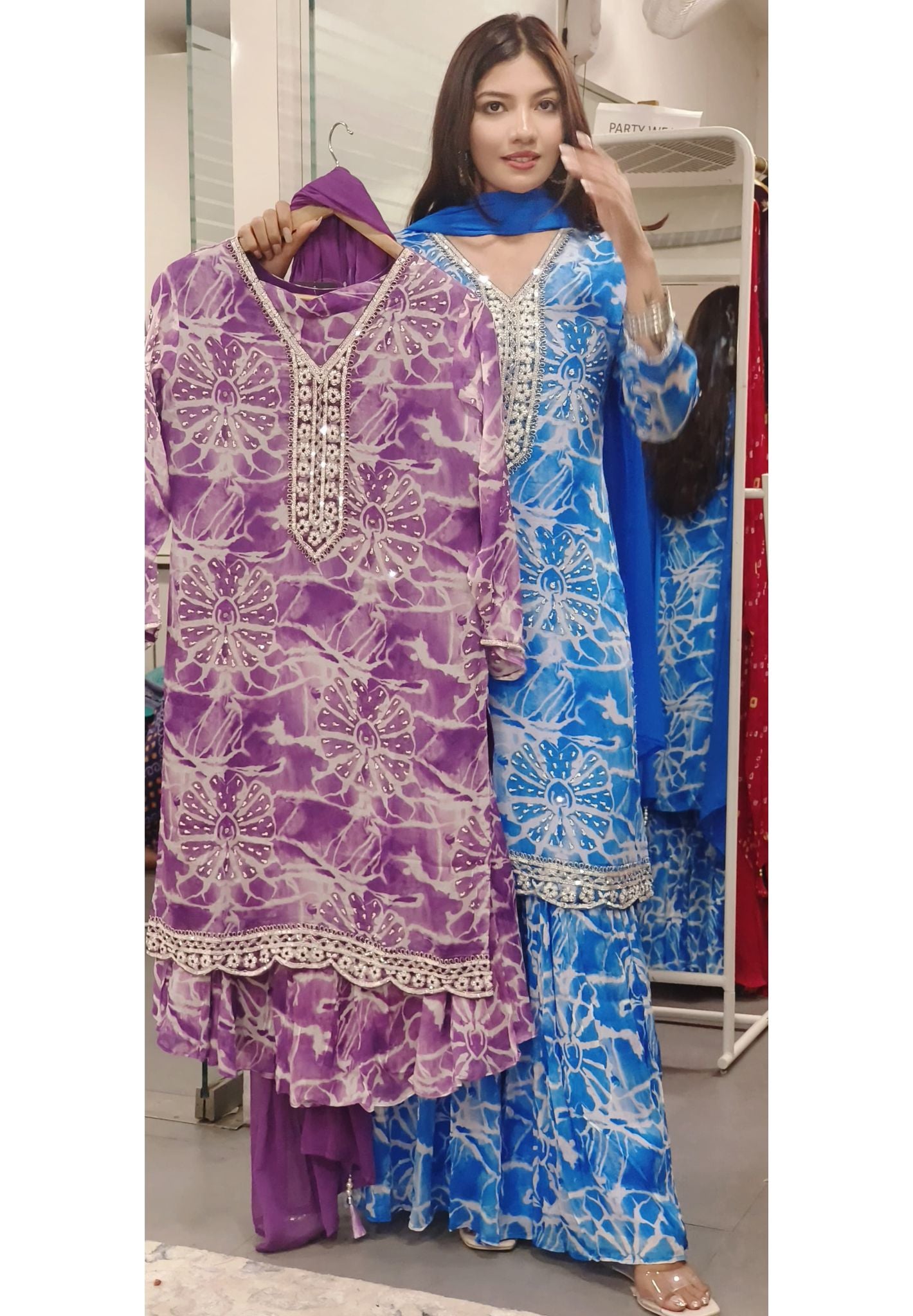 Beautiful Floral Printed Neck Embroidery Sharara Full Suit Sets-08876-08877