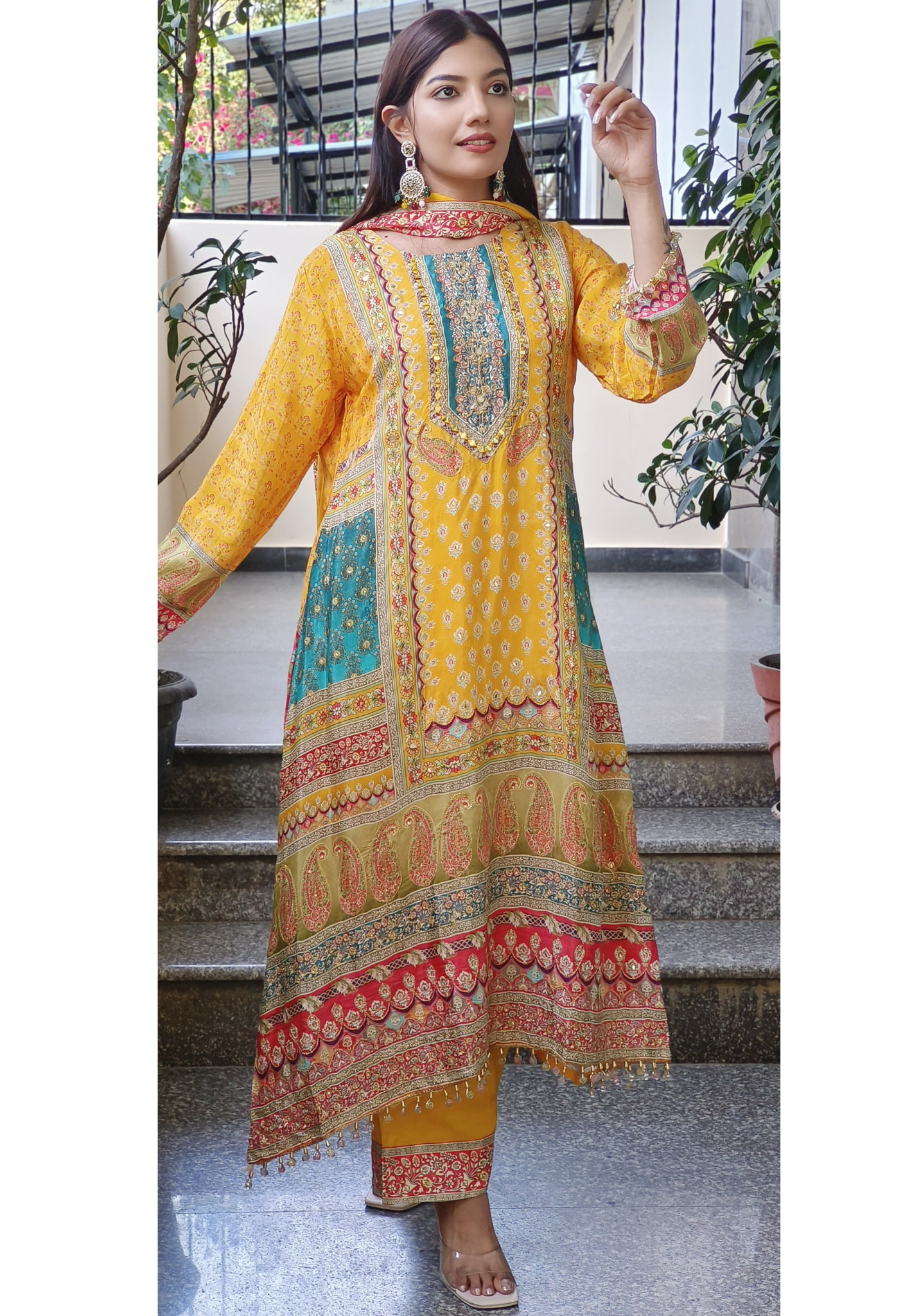 Yellow Crepe A-Line Pakistani Style Digital Print Embroidered Suit with Pants and Dupatta-08937